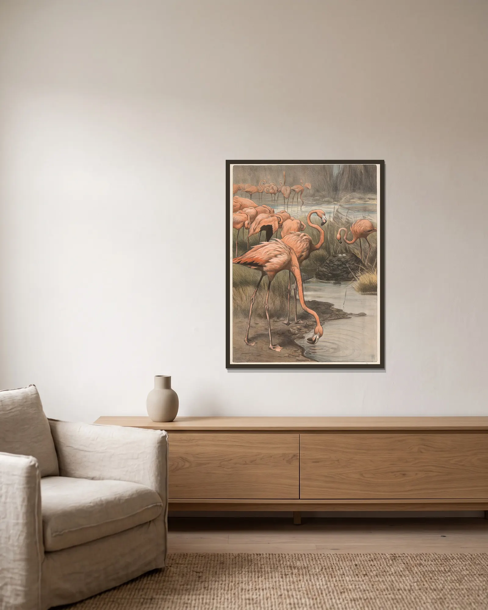Flamingo av Wilhelm Kuhnert inramad på en vägg