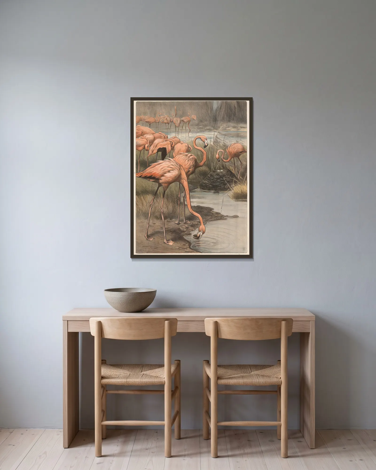 Flamingo av Wilhelm Kuhnert inramad på en vägg