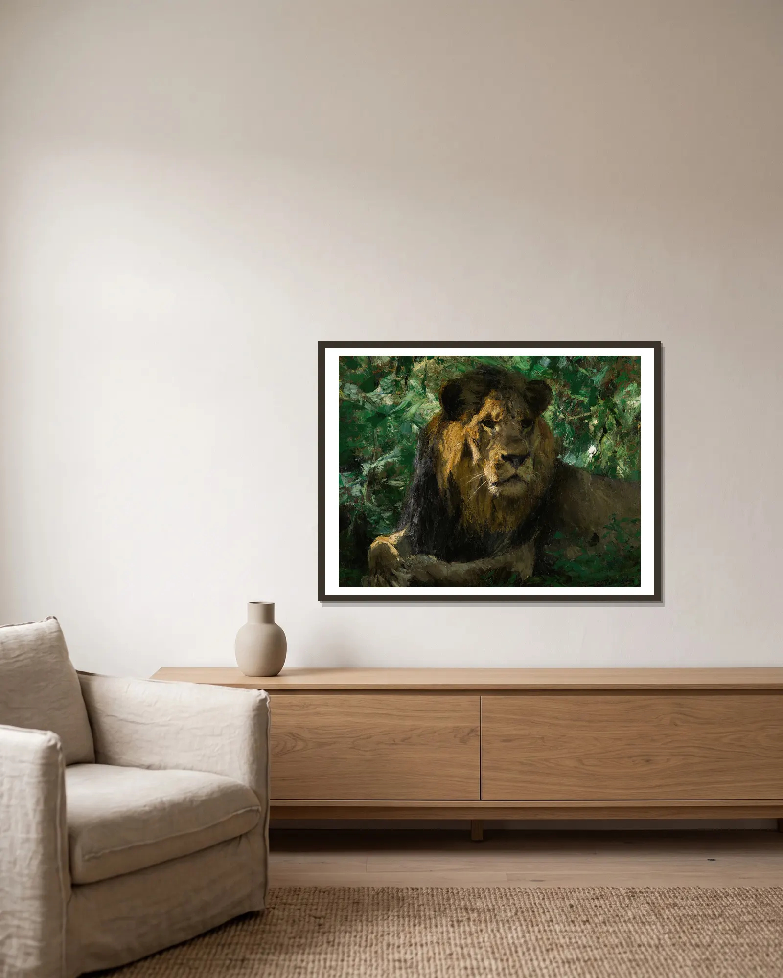 Resting Lion av Wilhelm Kuhnert inramad på en vägg