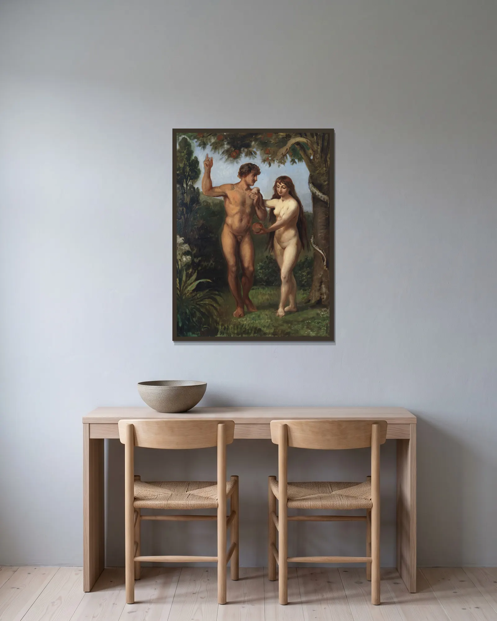 Eve Tempts Adam av Wilhelm Marstrand inramad på en vägg