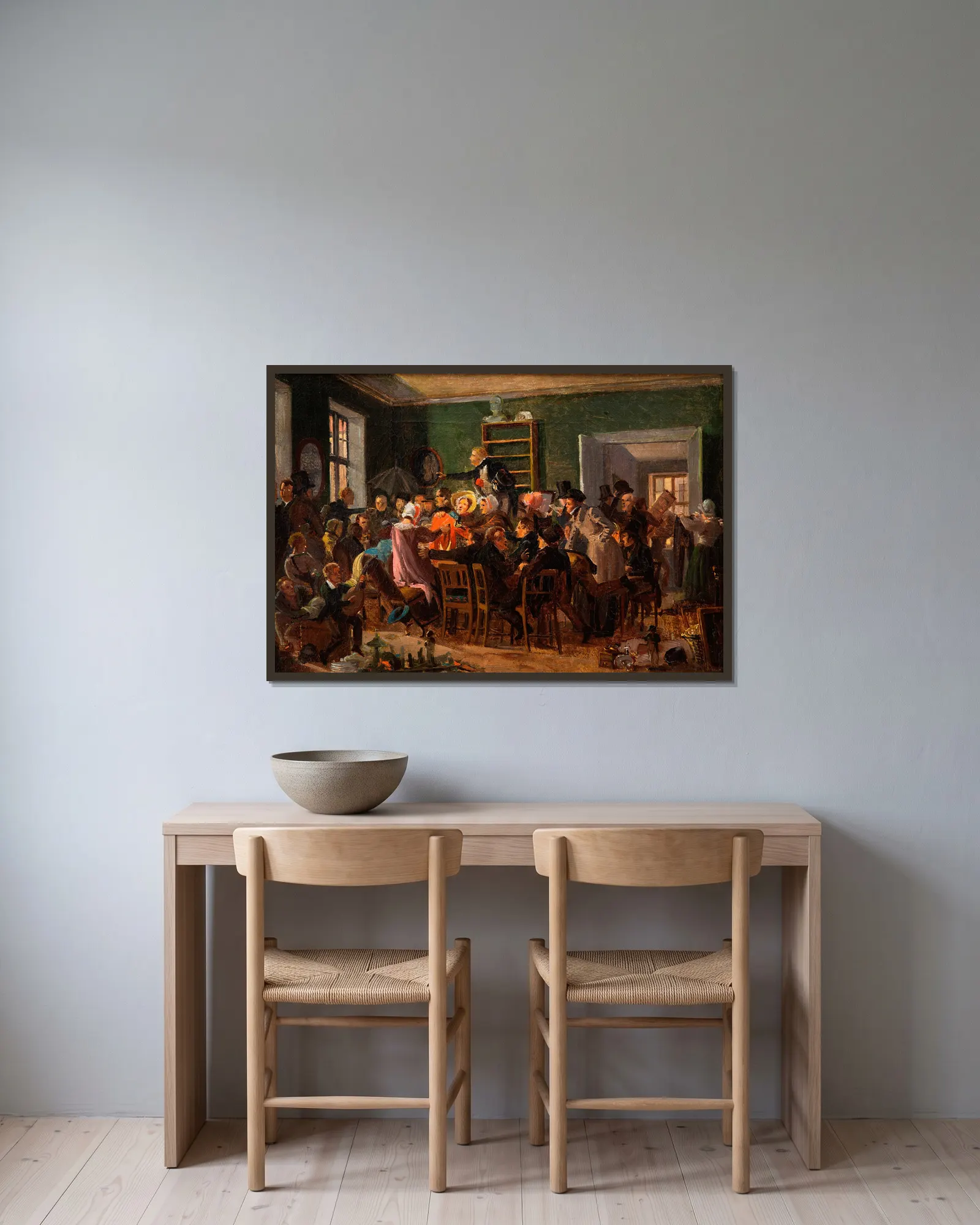 Scene from an auction av Wilhelm Marstrand inramad på en vägg