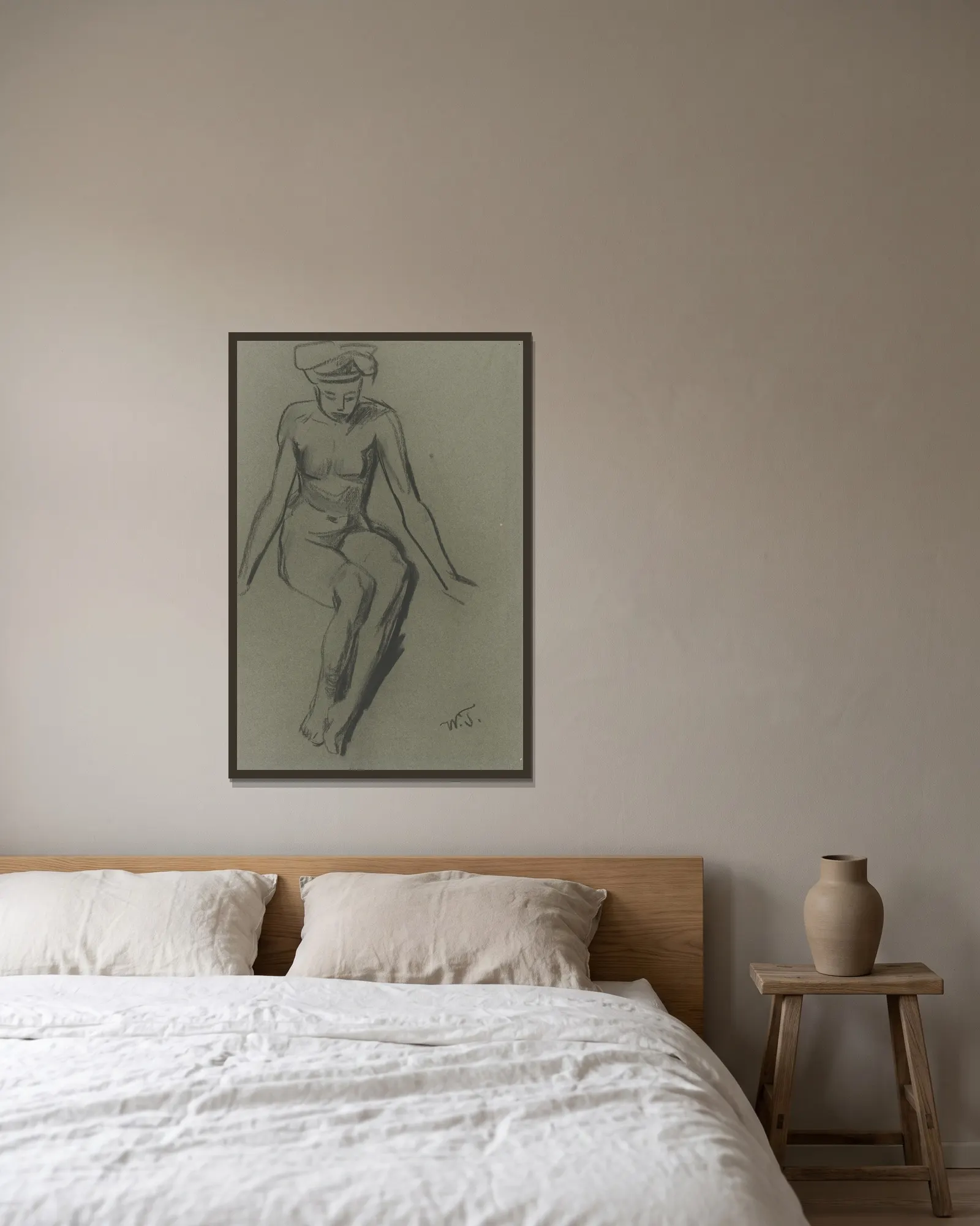 Sitting female nude av Wilhelm Trübner inramad på en vägg