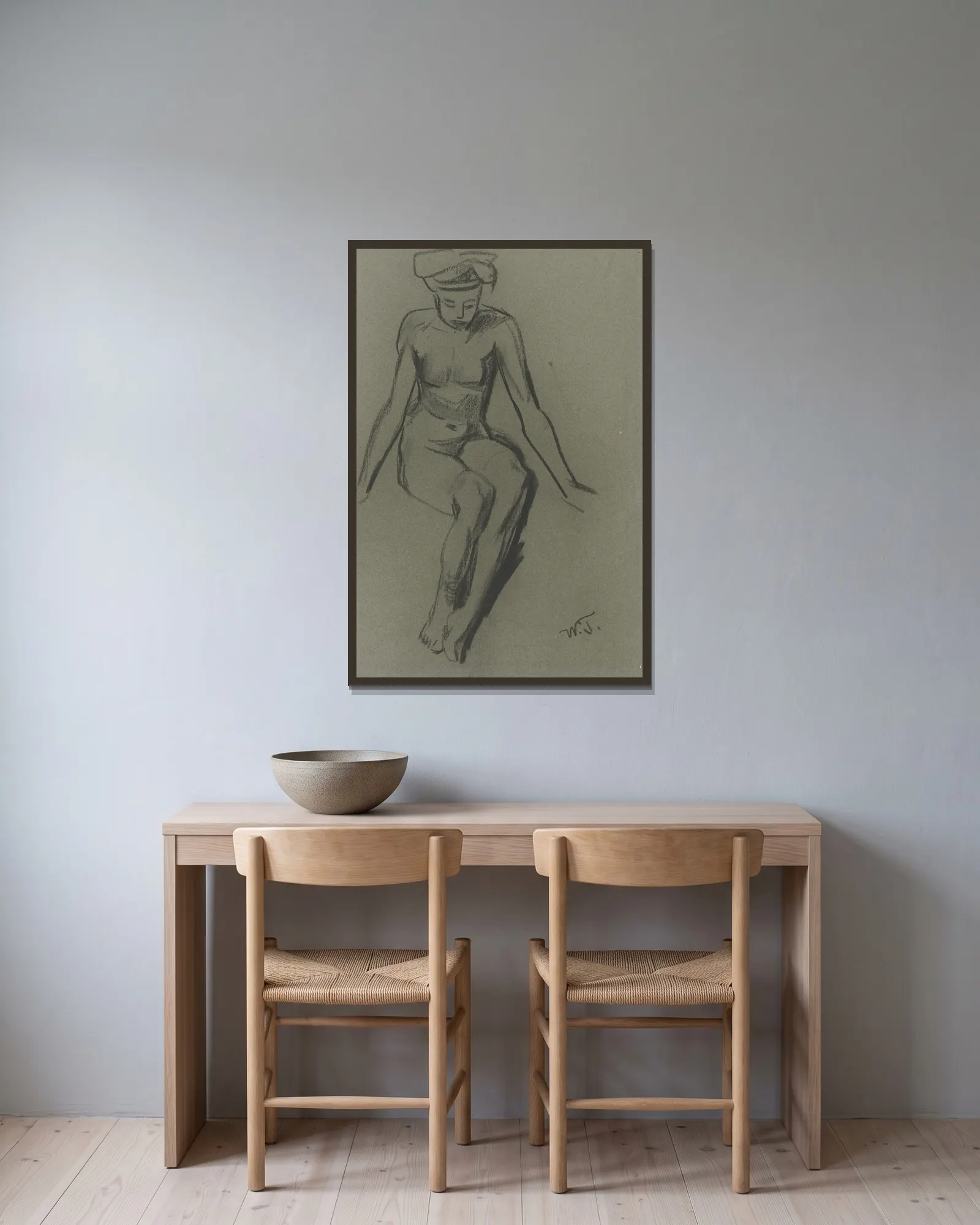 Sitting female nude av Wilhelm Trübner inramad på en vägg
