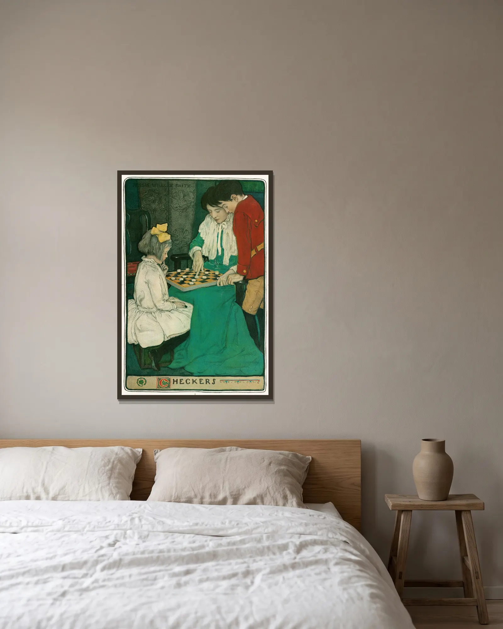 Checkers av Jessie Willcox Smith inramad på en vägg