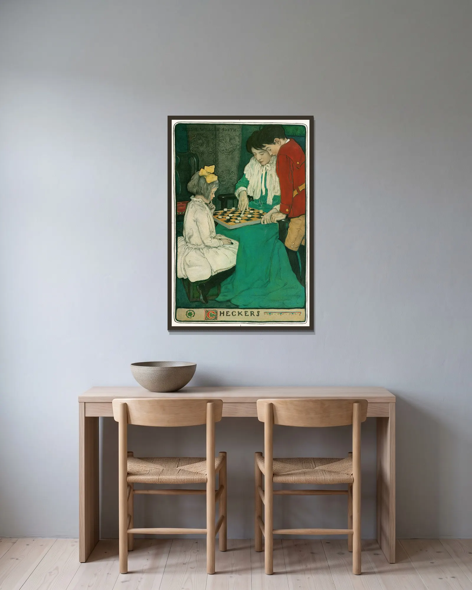 Checkers av Jessie Willcox Smith inramad på en vägg
