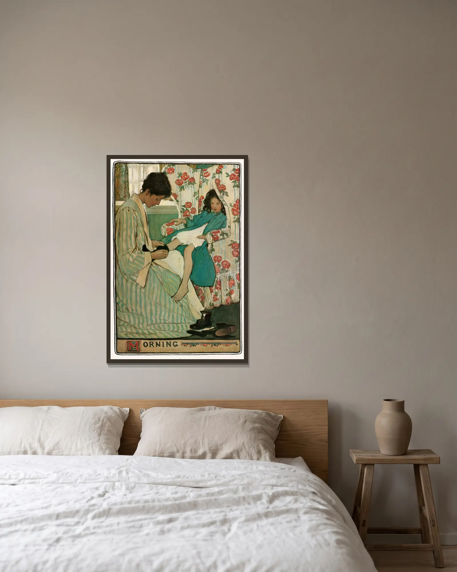 Morning av Jessie Willcox Smith inramad på en vägg