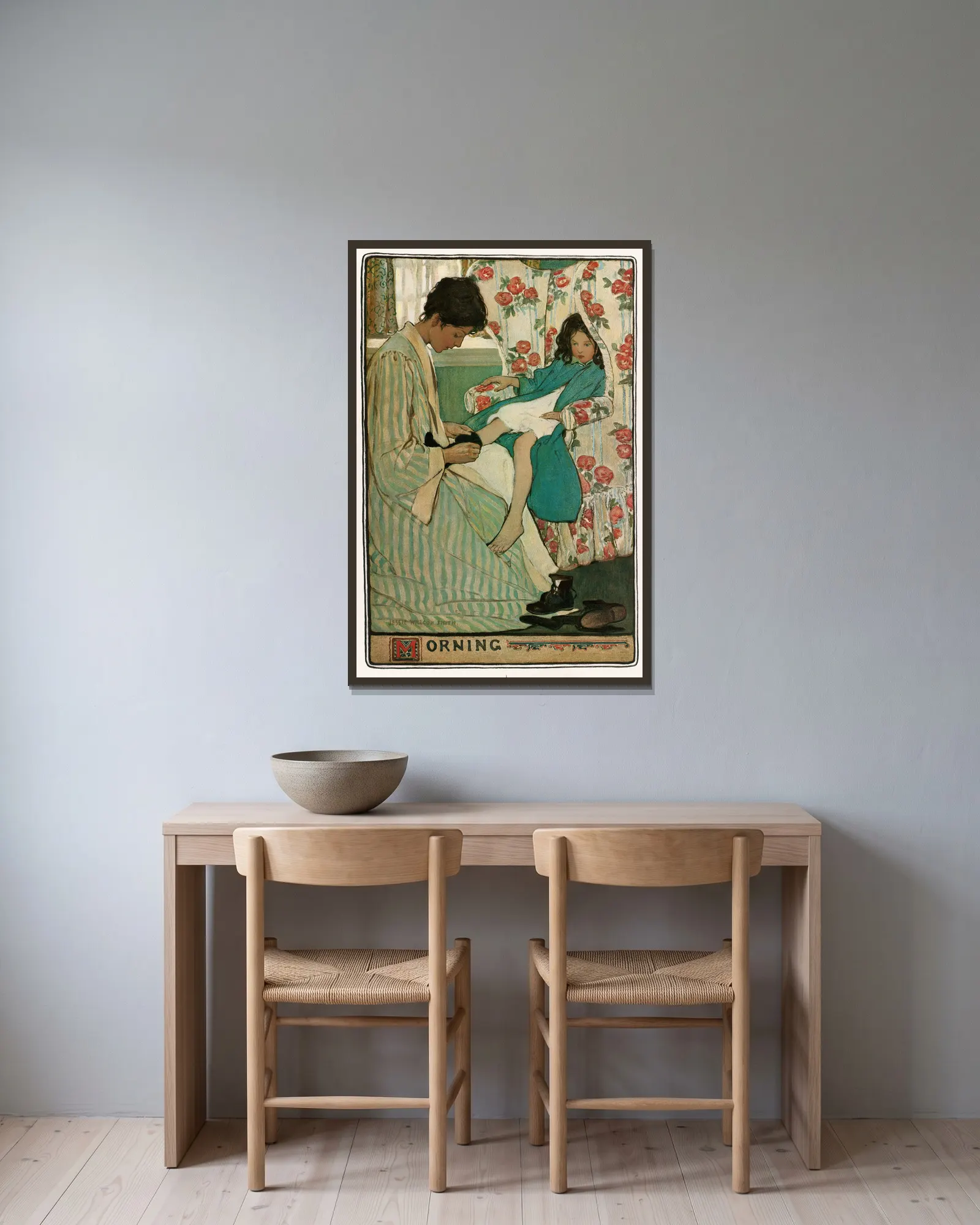 Morning av Jessie Willcox Smith inramad på en vägg