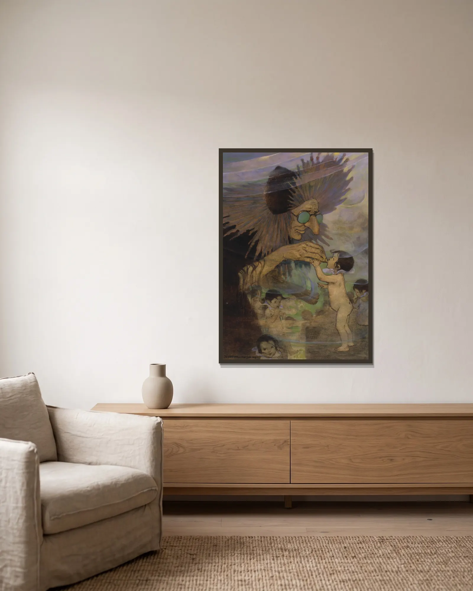 Mrs. Bedonebyasyoudid av Jessie Willcox Smith inramad på en vägg