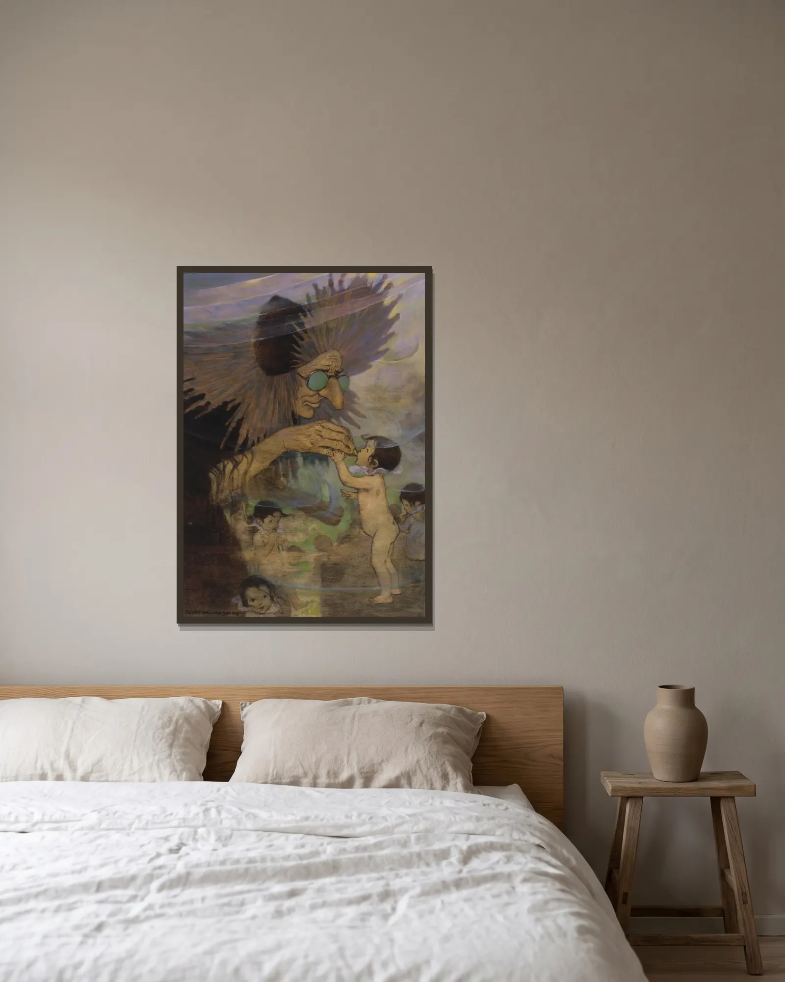 Mrs. Bedonebyasyoudid av Jessie Willcox Smith inramad på en vägg