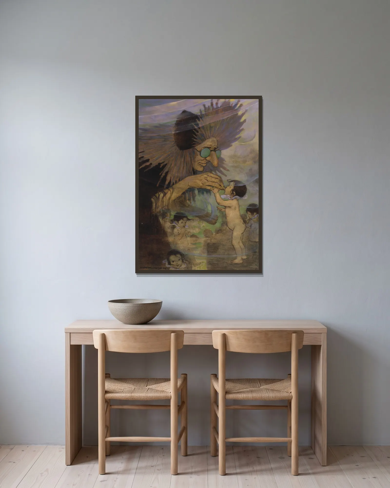 Mrs. Bedonebyasyoudid av Jessie Willcox Smith inramad på en vägg