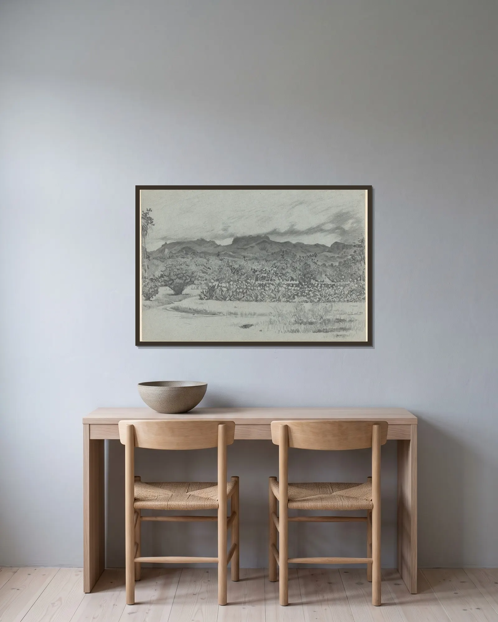 Indisch landschap av Willem Witsen inramad på en vägg