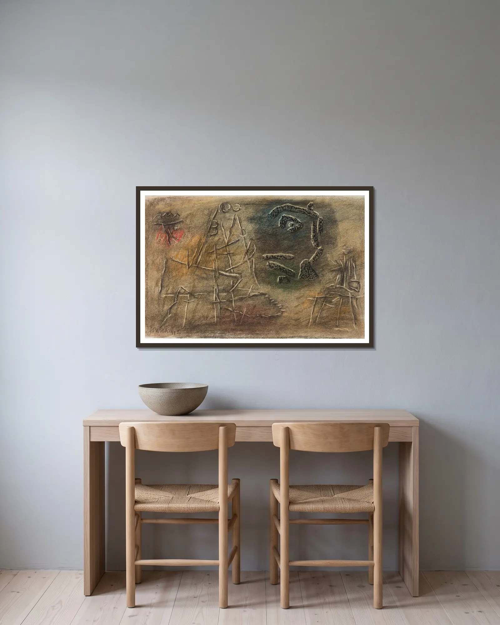 Linear Figures with Relief av Willi Baumeister inramad på en vägg