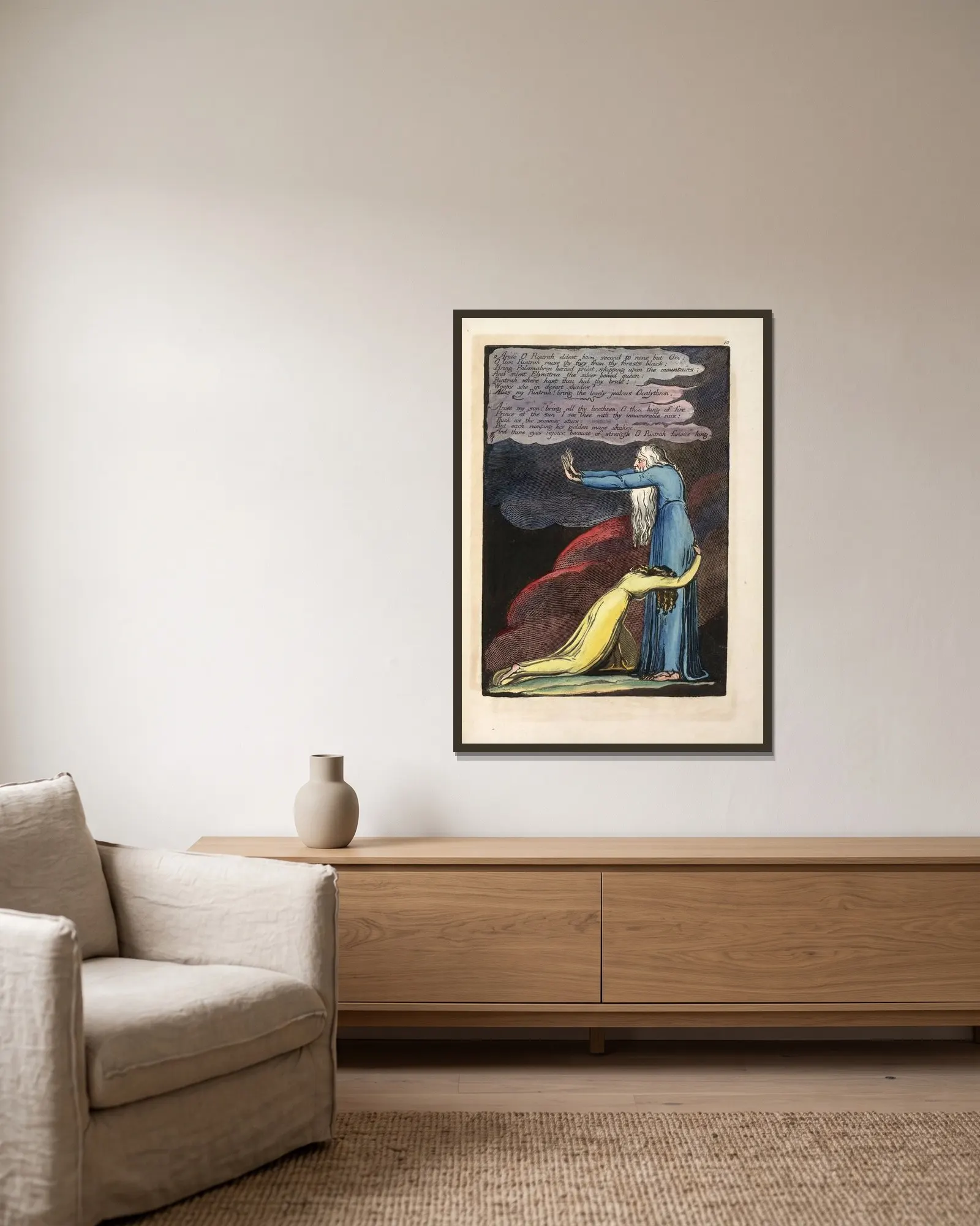 Arise O Rintrah …, 1794 – nr 2 av William Blake inramad på en vägg