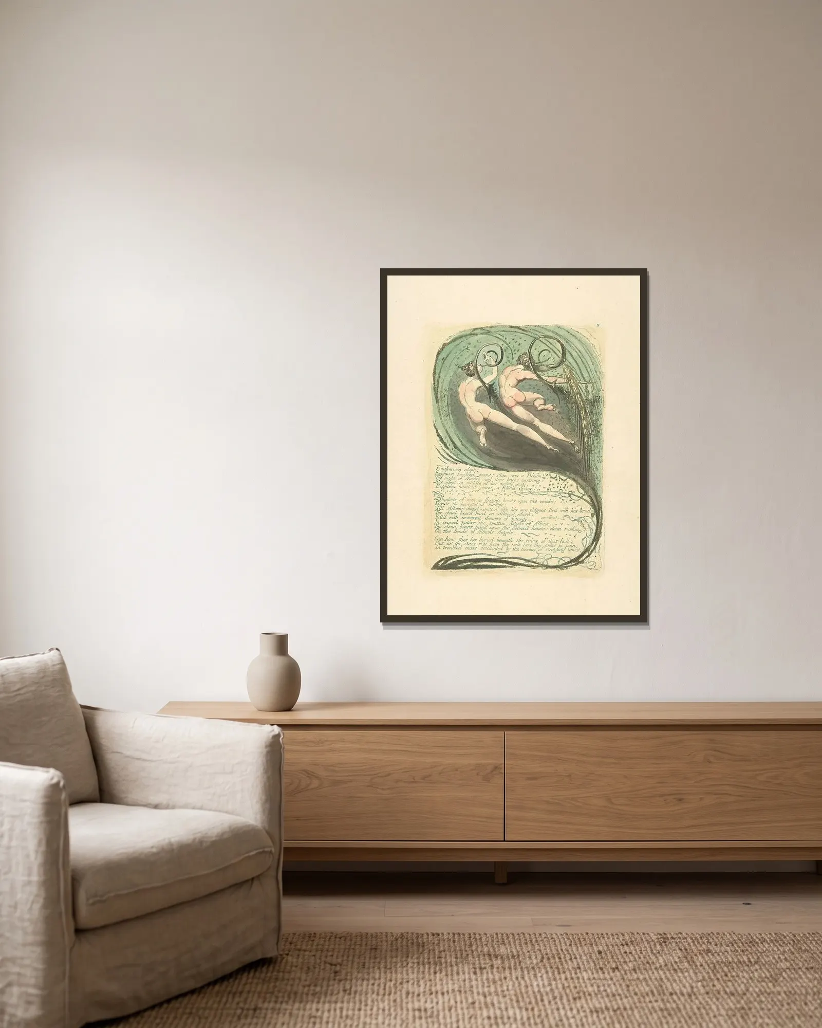 Enitharmon slept,… av William Blake inramad på en vägg