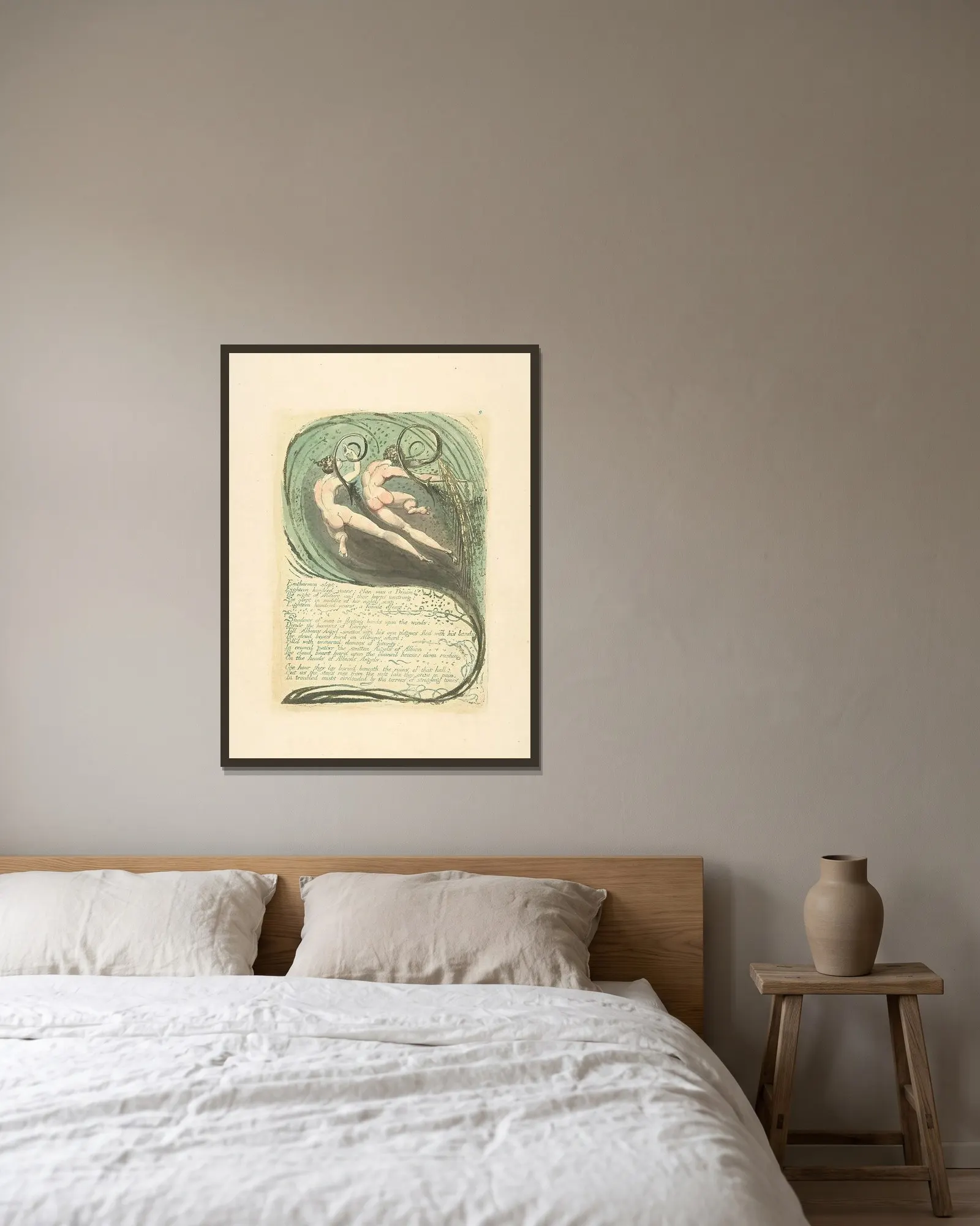 Enitharmon slept,… av William Blake inramad på en vägg