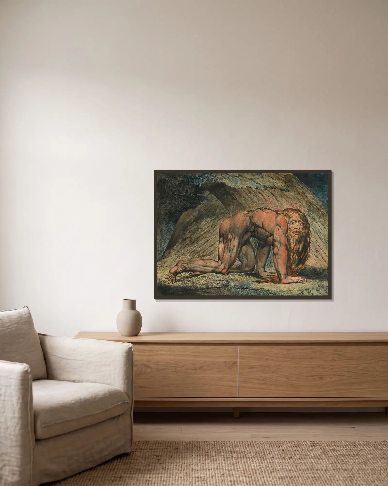 Nebuchadnezzar av William Blake inramad på en vägg