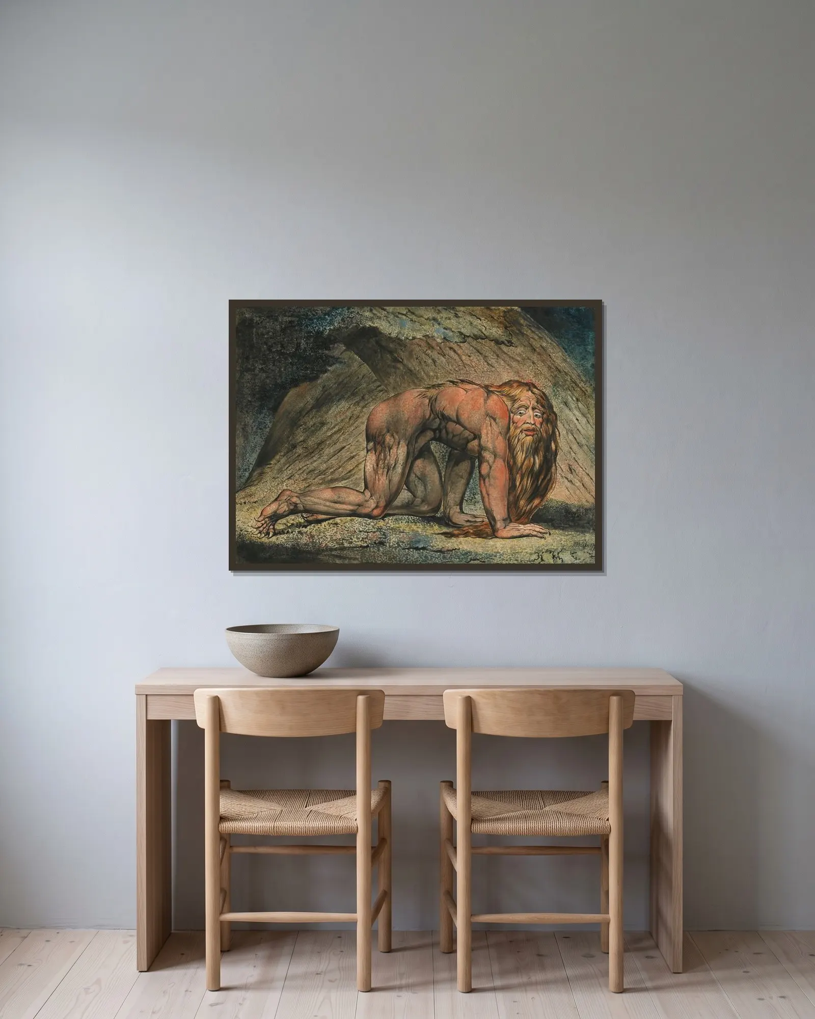 Nebuchadnezzar av William Blake inramad på en vägg