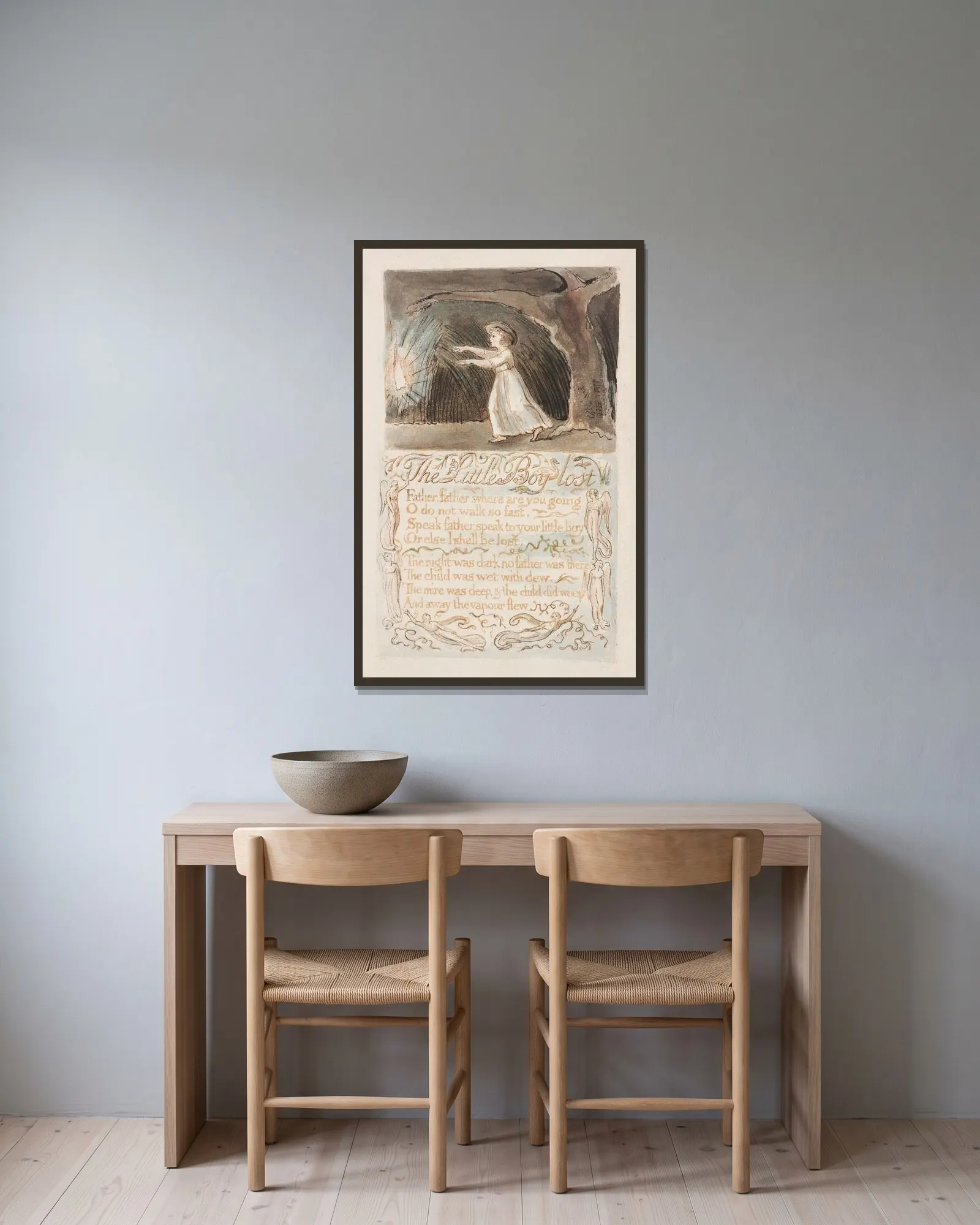 Pl. 12 – The Little Boy Lost av William Blake inramad på en vägg