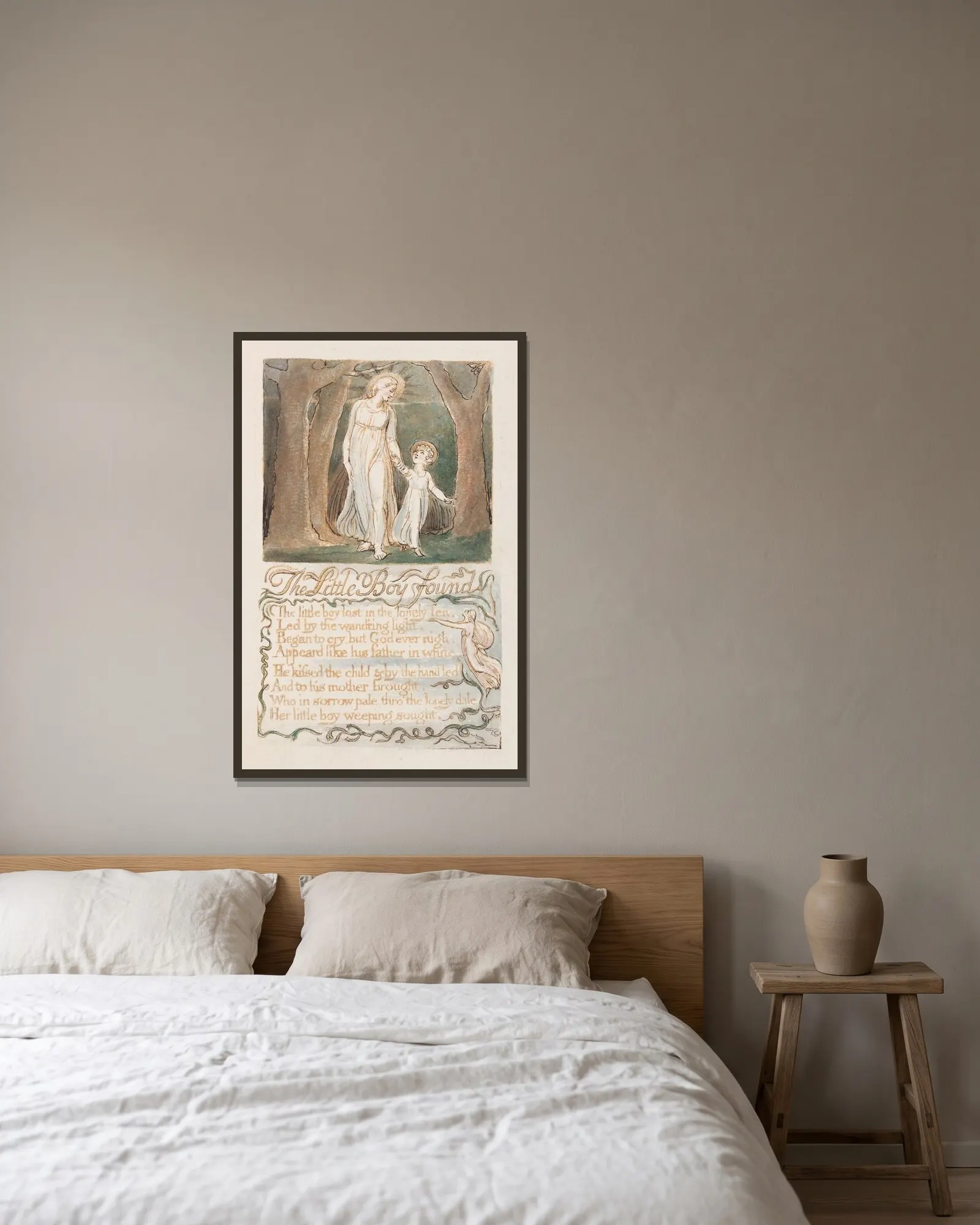 Pl. 13 – The Little Boy Found av William Blake inramad på en vägg