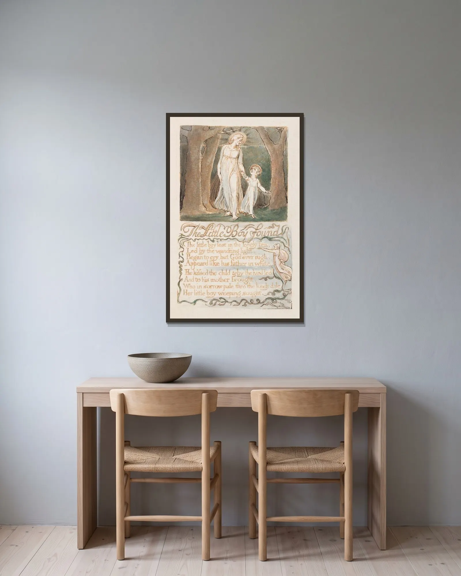 Pl. 13 – The Little Boy Found av William Blake inramad på en vägg