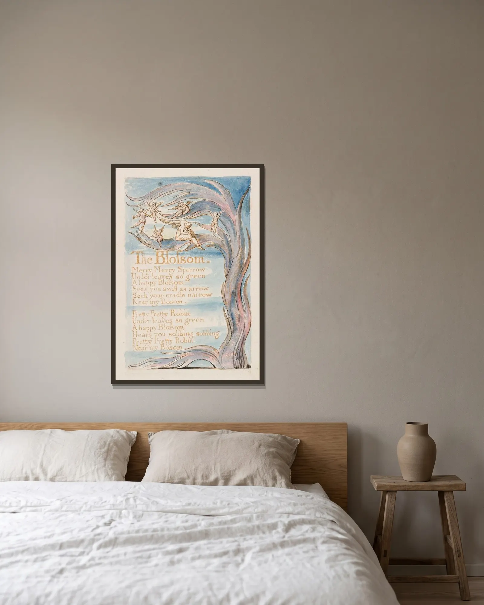 Pl. 17 – The Blossom av William Blake inramad på en vägg