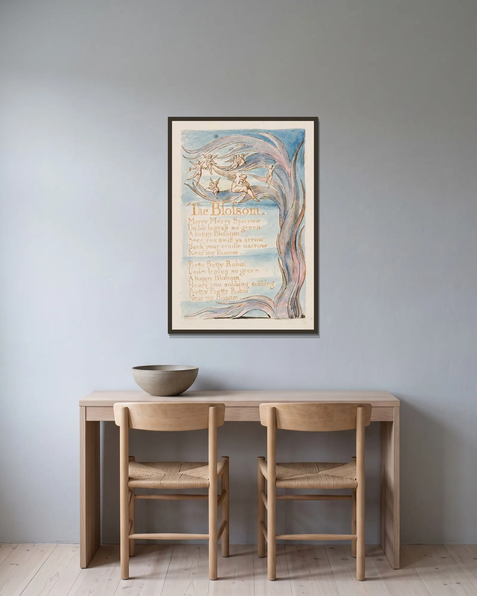 Pl. 17 – The Blossom av William Blake inramad på en vägg