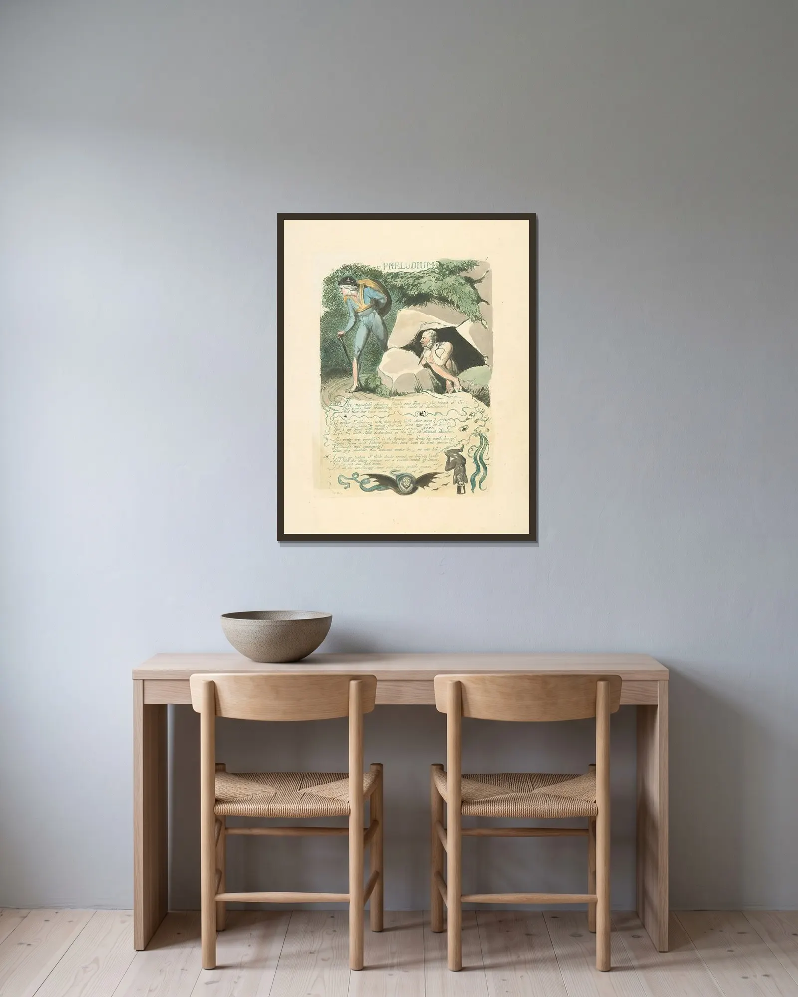 Preludium av William Blake inramad på en vägg