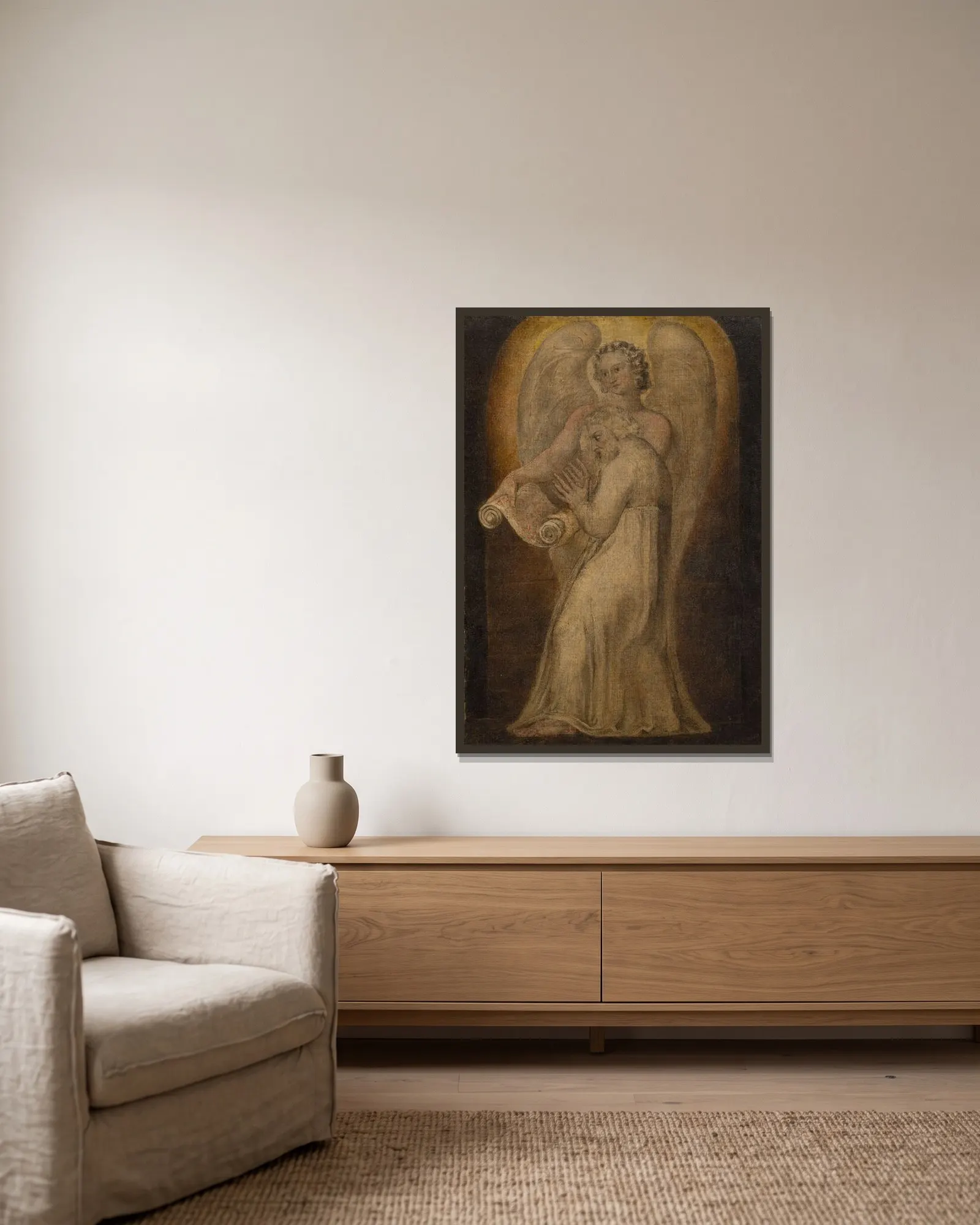 St. Matthew av William Blake inramad på en vägg