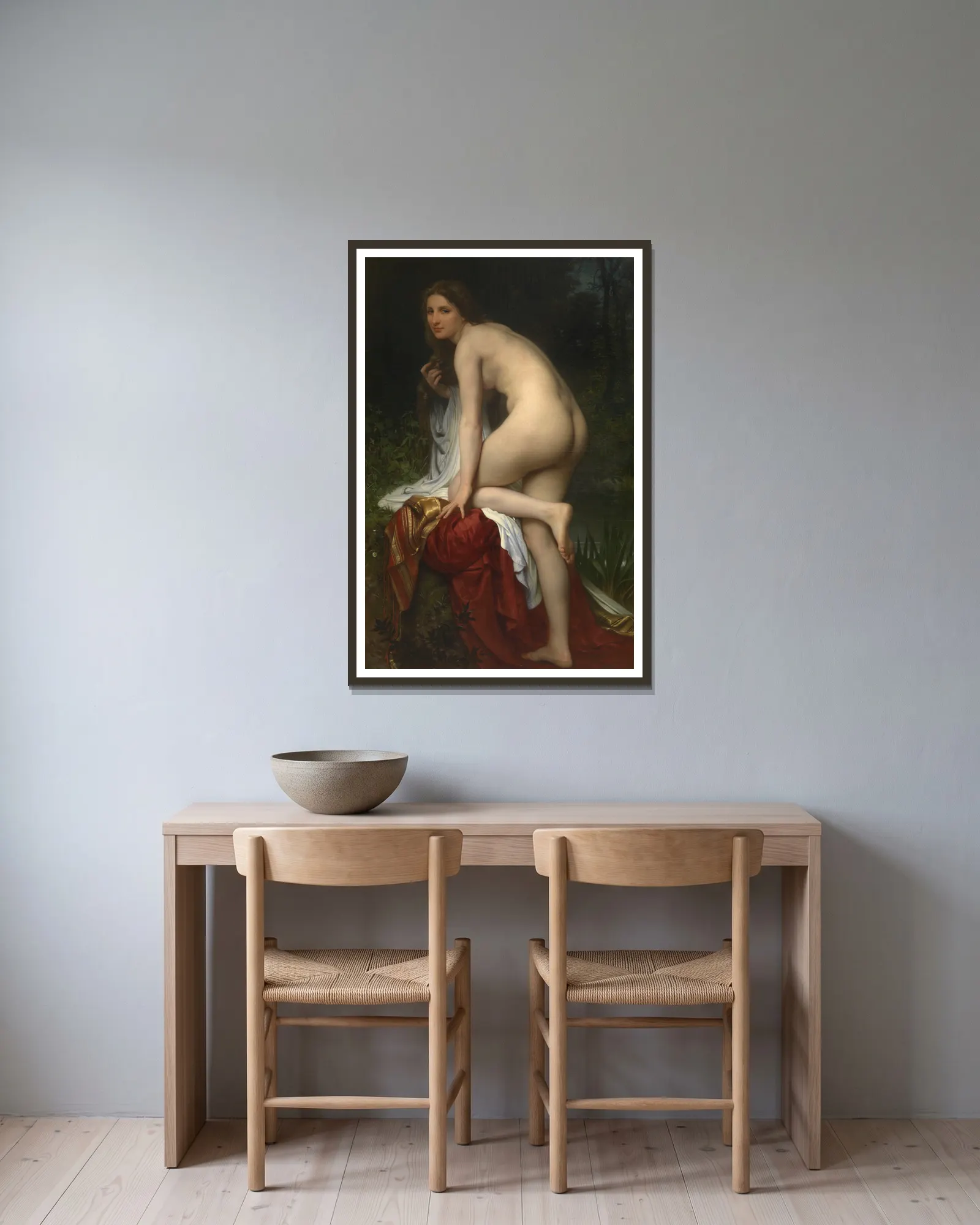Bathing Woman av William Bouguereau inramad på en vägg