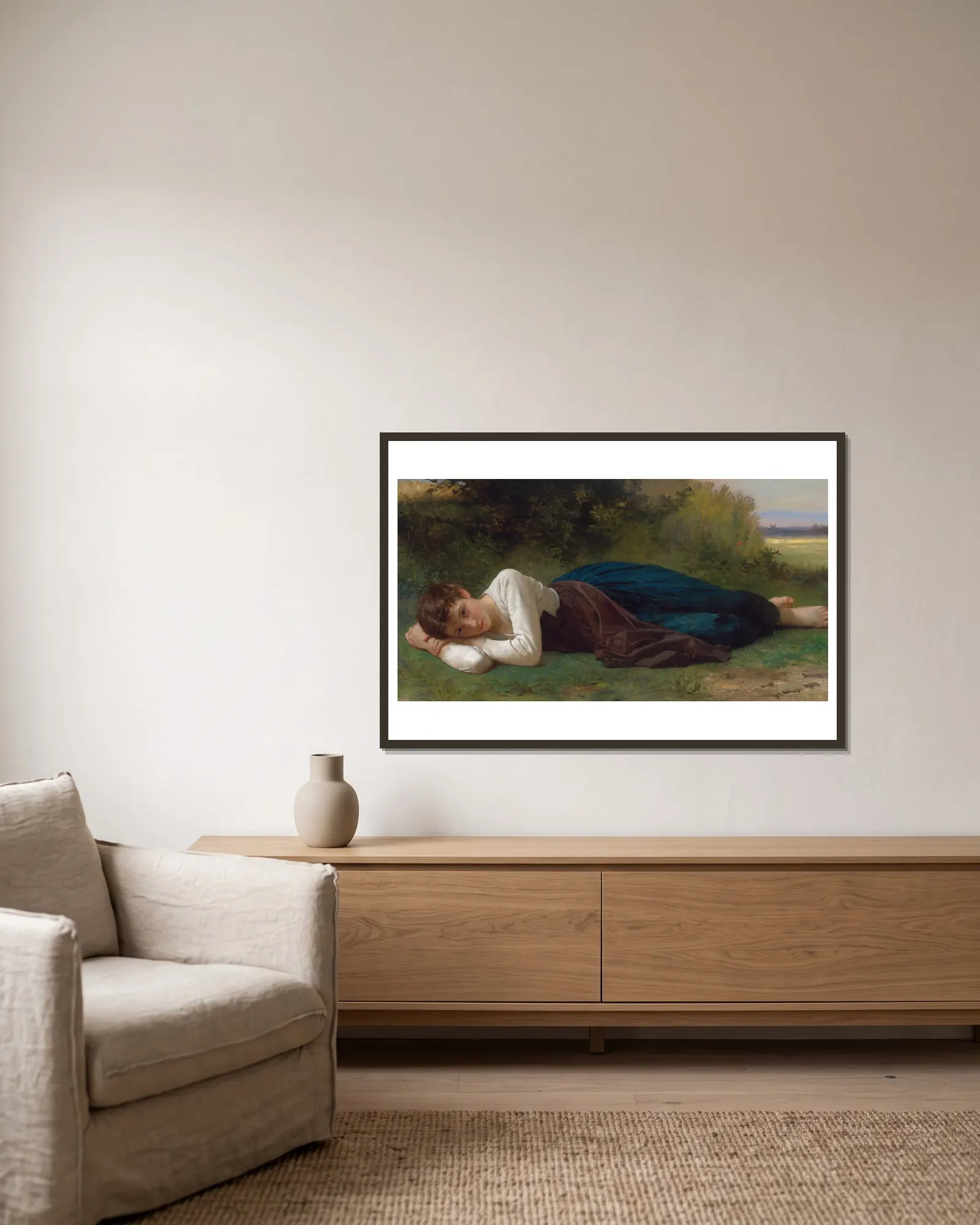Le Repos (Jeune Fille Couchée) av William Bouguereau inramad på en vägg