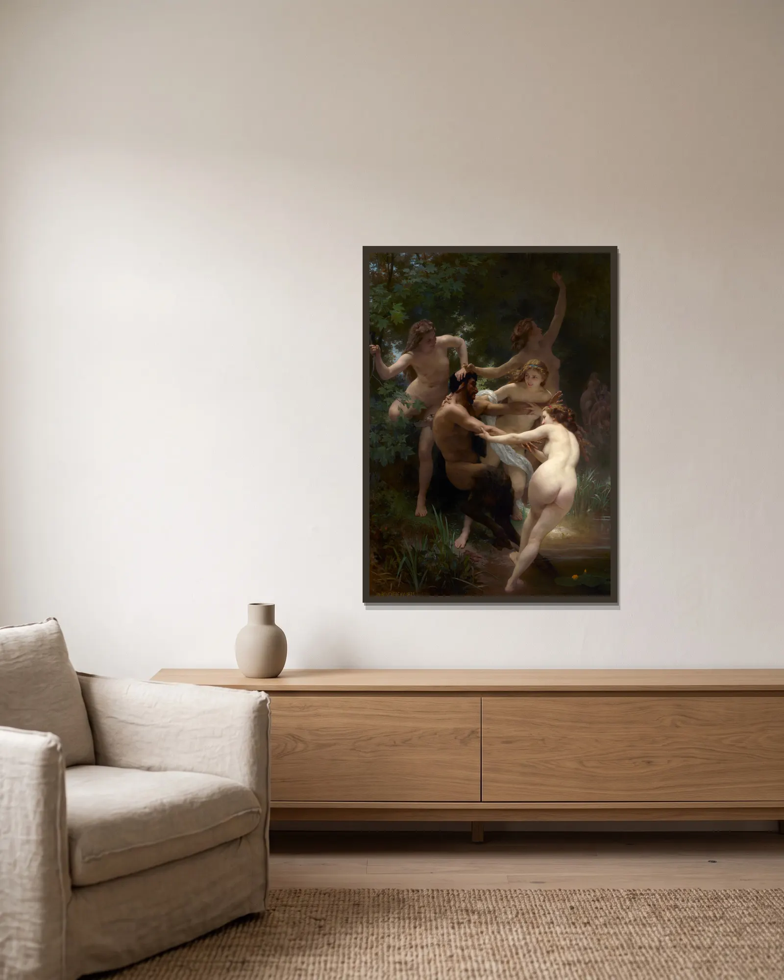 Nymphs and Satyr av William Bouguereau inramad på en vägg