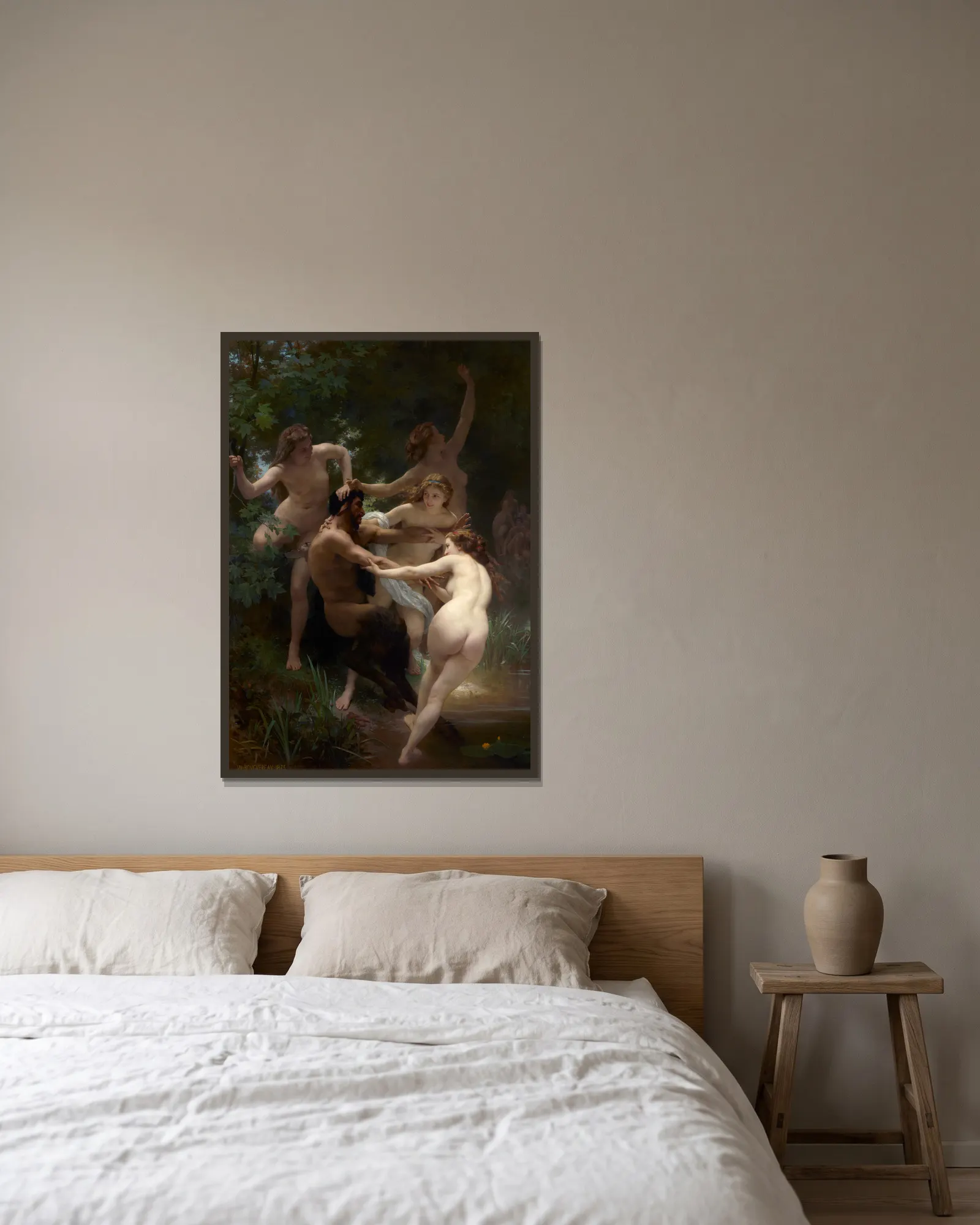 Nymphs and Satyr av William Bouguereau inramad på en vägg