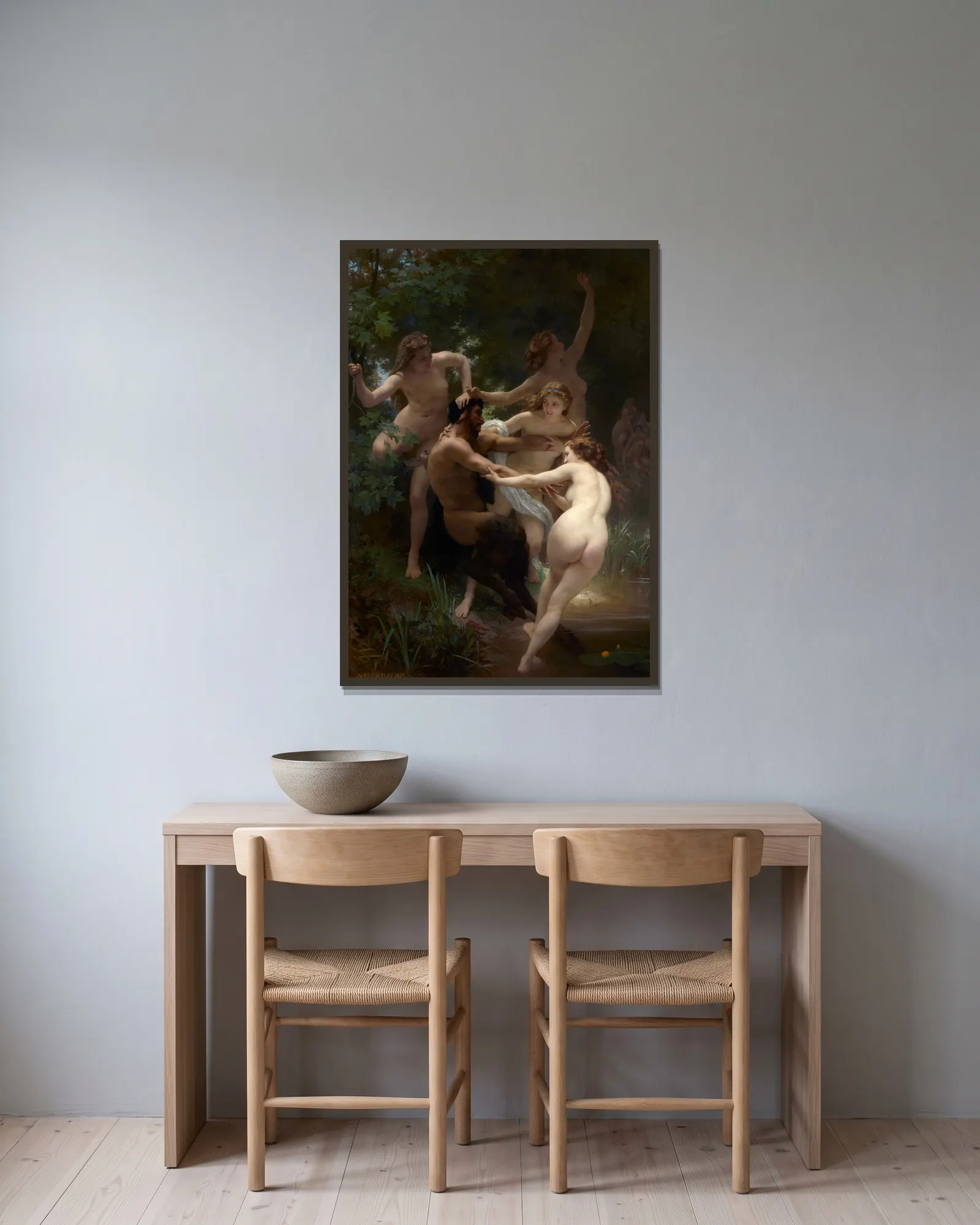 Nymphs and Satyr av William Bouguereau inramad på en vägg