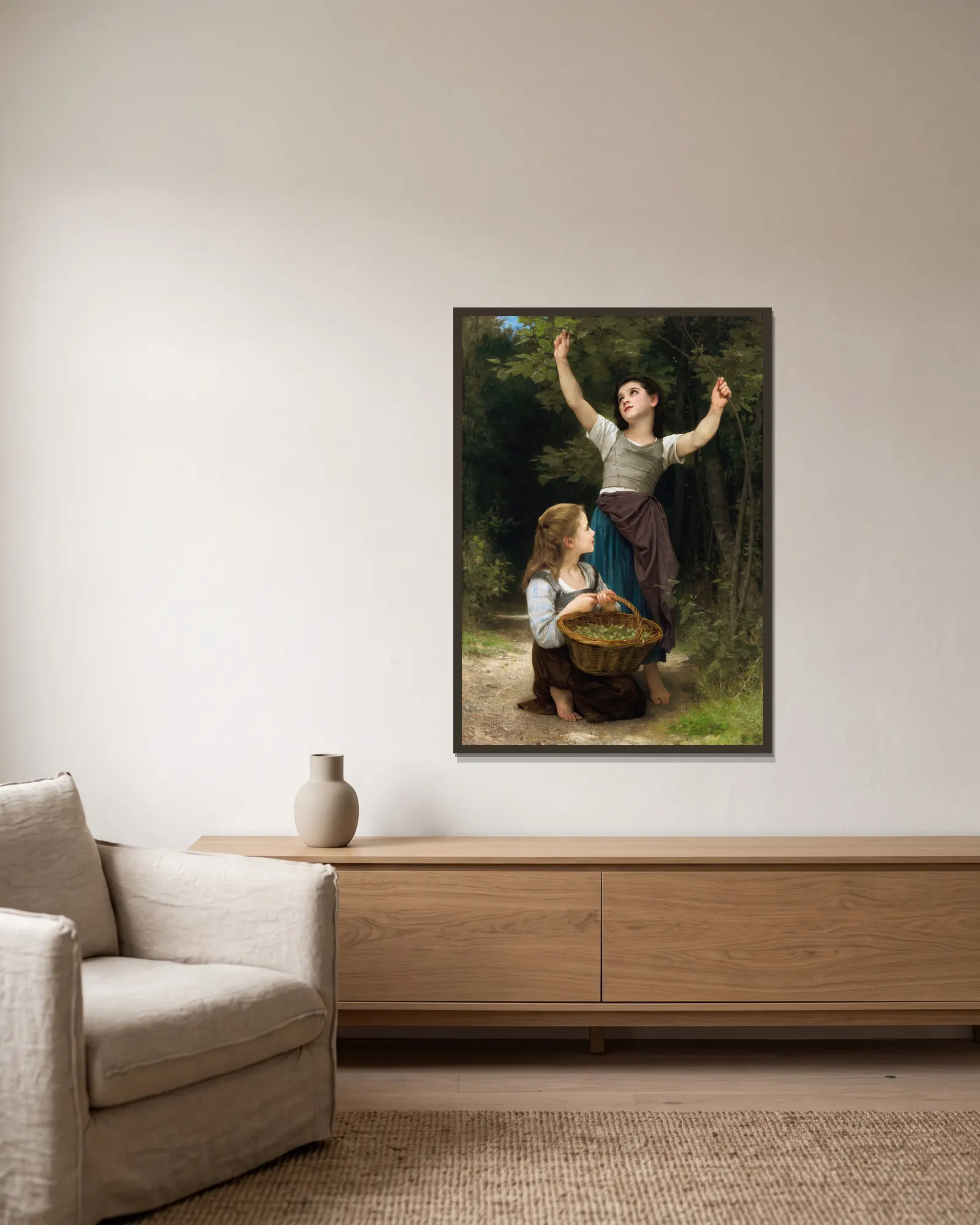 Récolte de noisettes av William Bouguereau inramad på en vägg