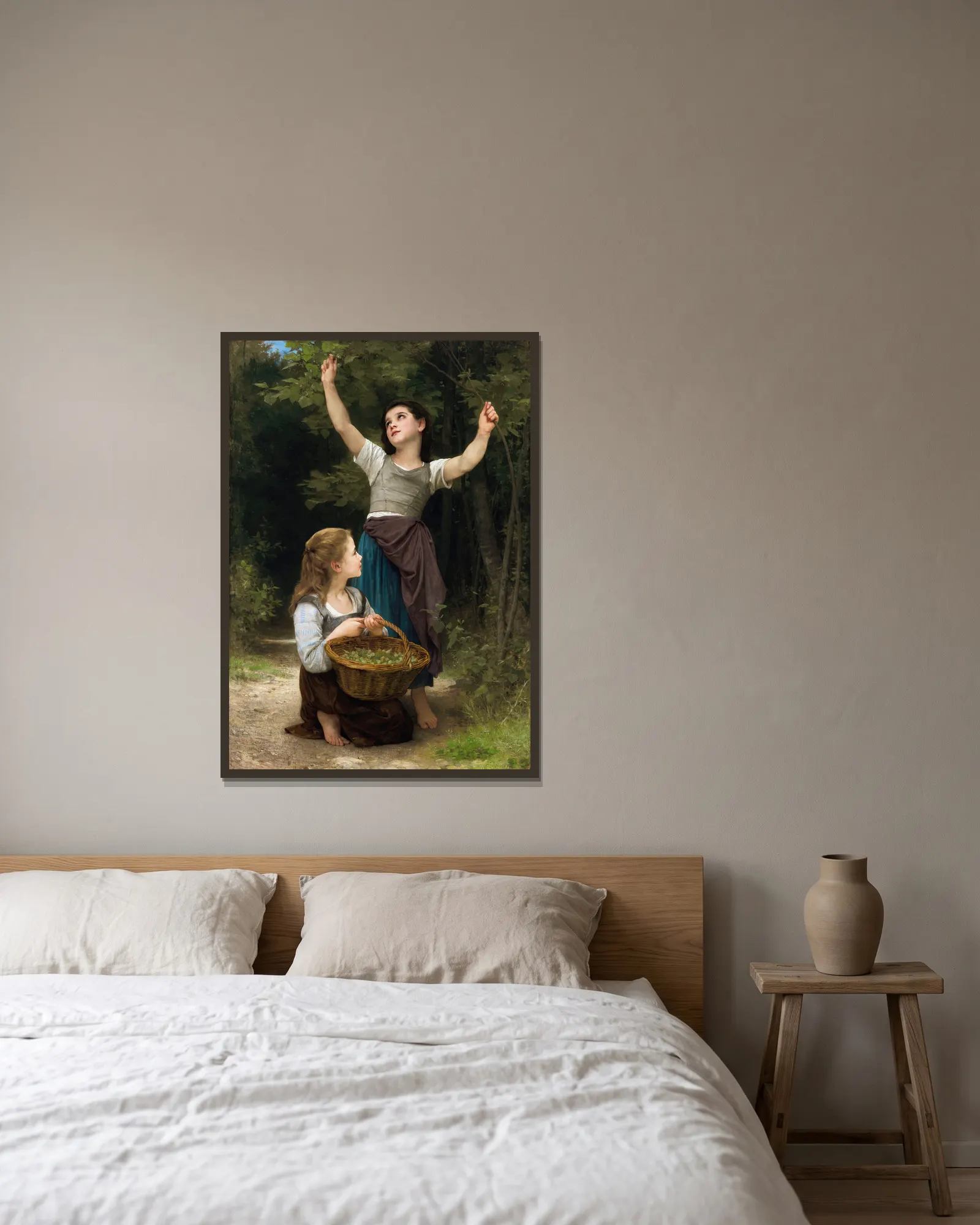 Récolte de noisettes av William Bouguereau inramad på en vägg