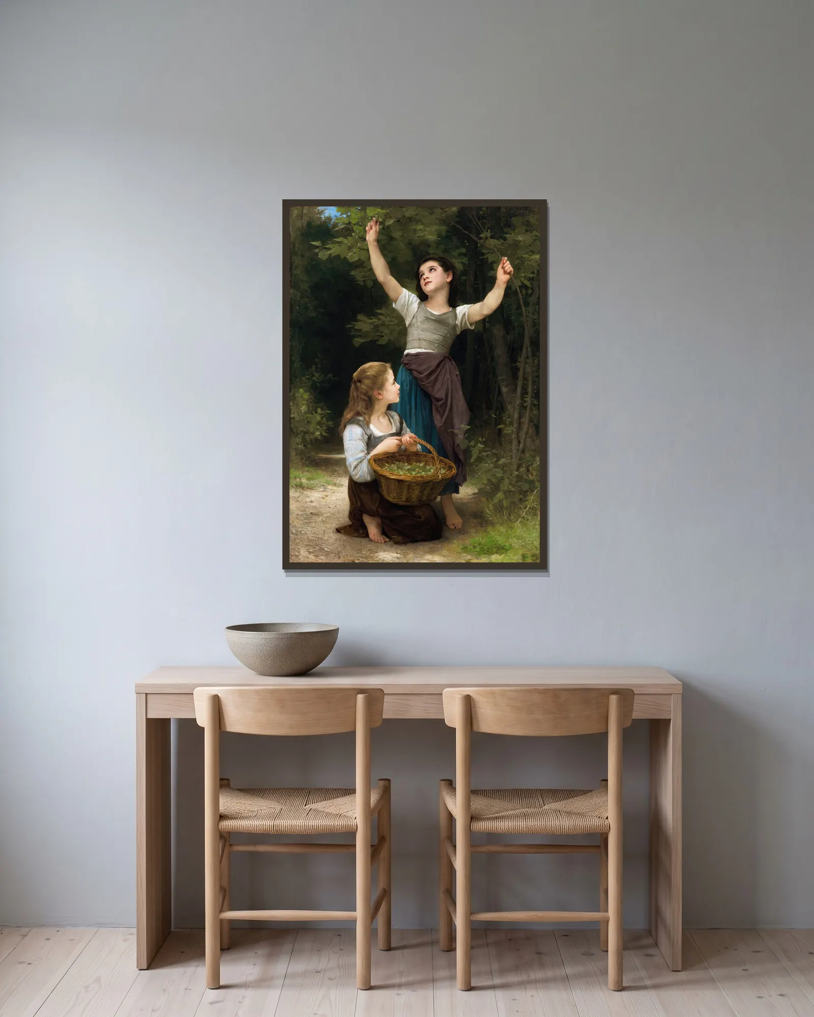 Récolte de noisettes av William Bouguereau inramad på en vägg