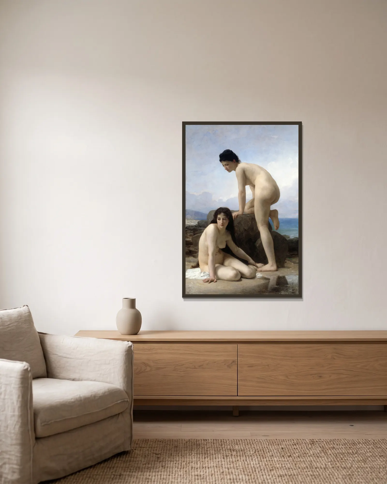 The Bathers av William Bouguereau inramad på en vägg