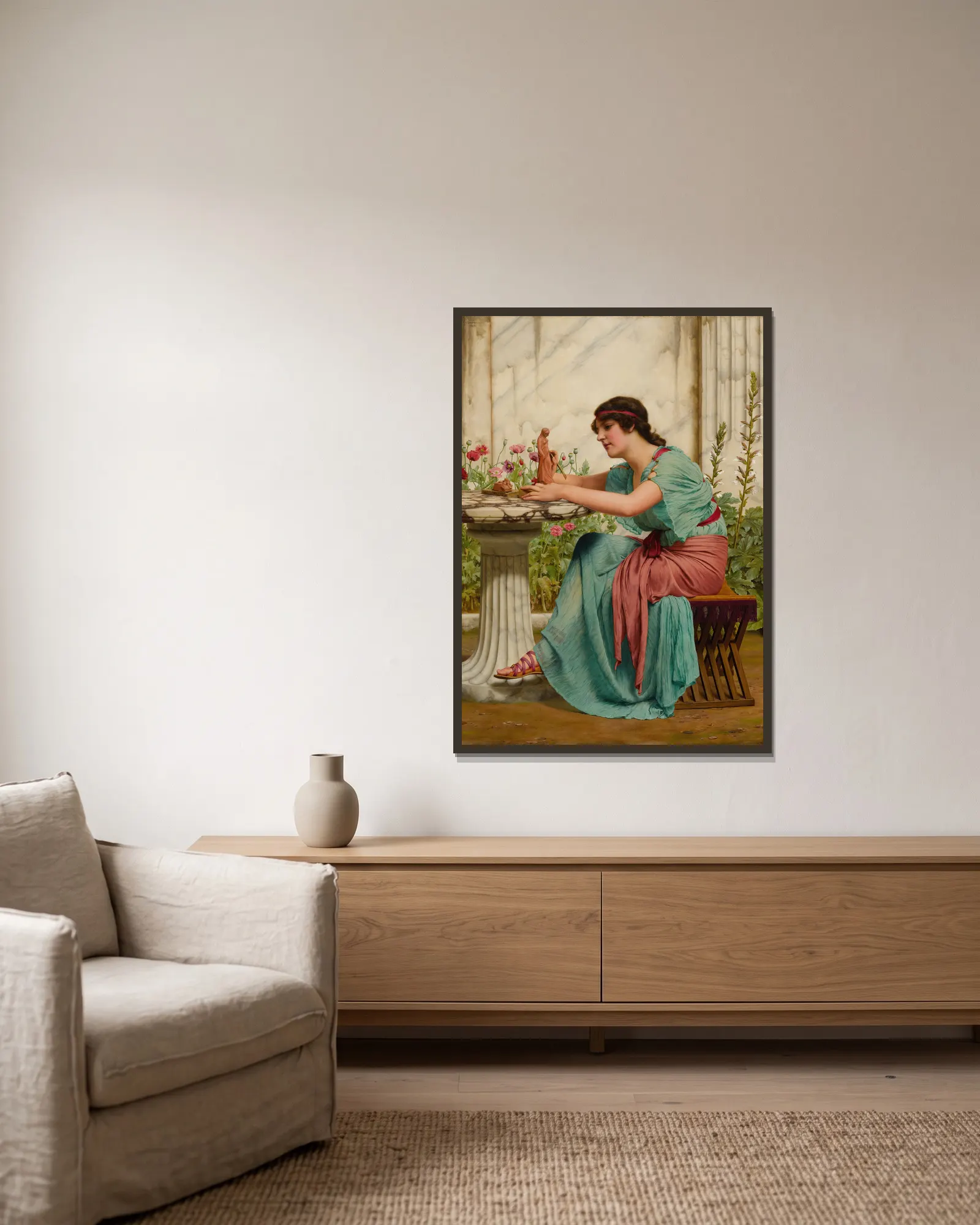 A Dilettante av John William Godward inramad på en vägg