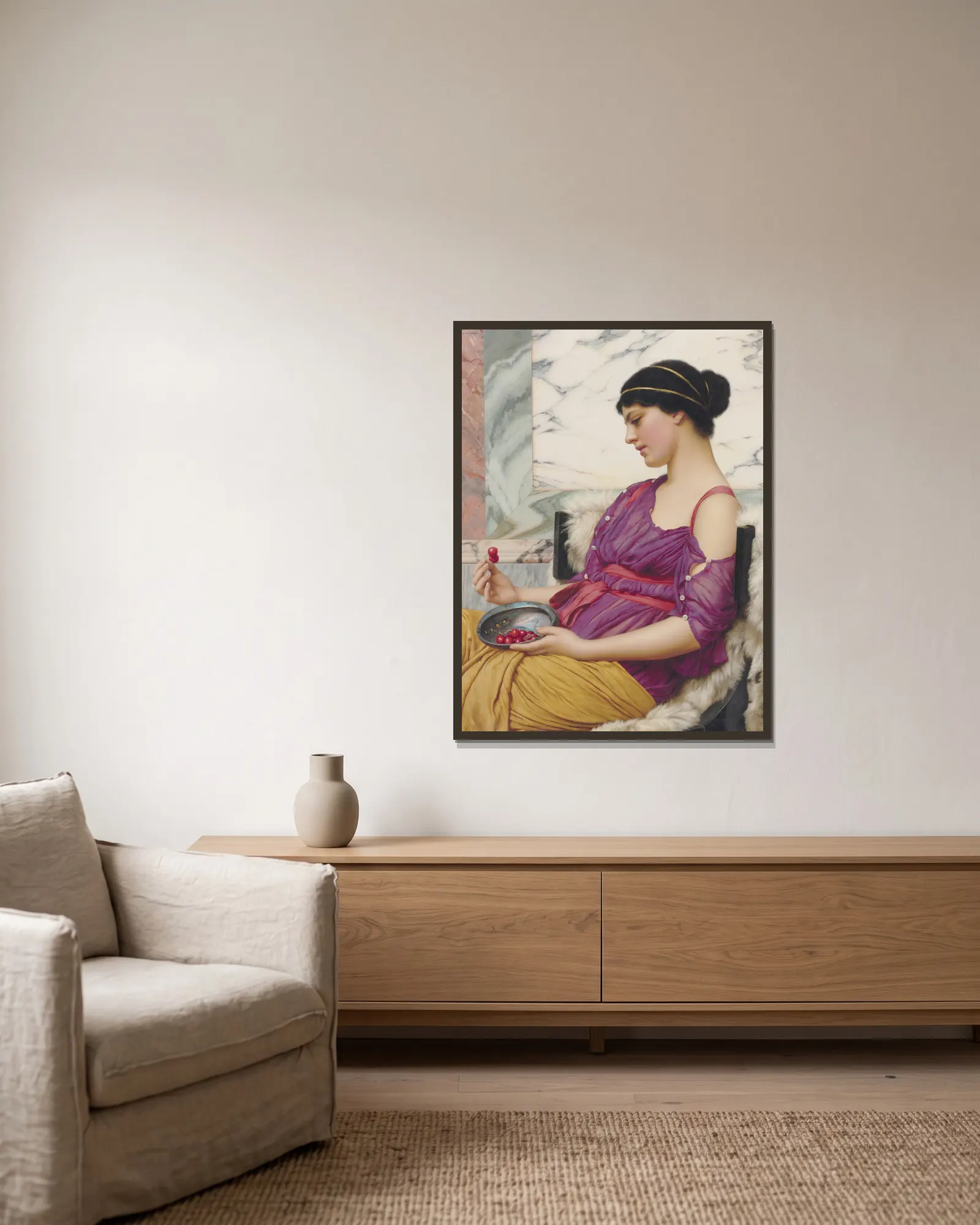 Ismenia av John William Godward inramad på en vägg