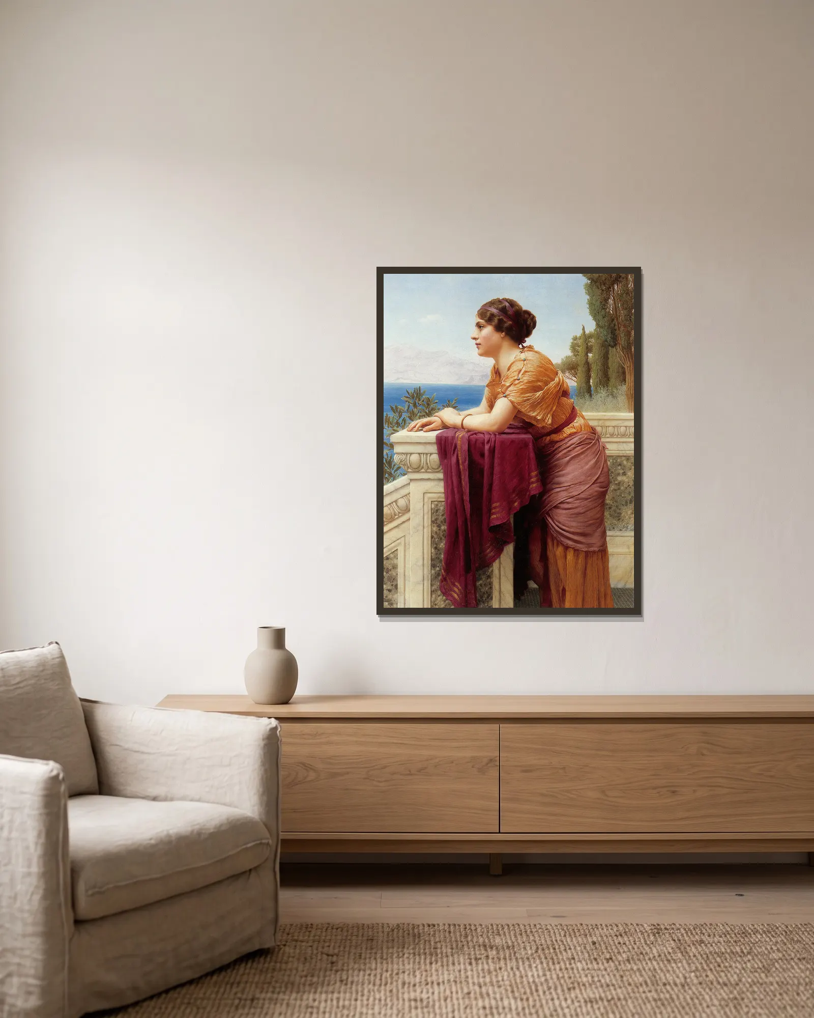 The Belvedere av John William Godward inramad på en vägg