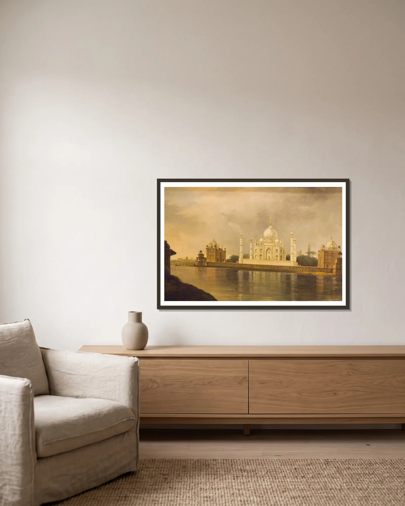 The Taj Mahal av William Hodges inramad på en vägg