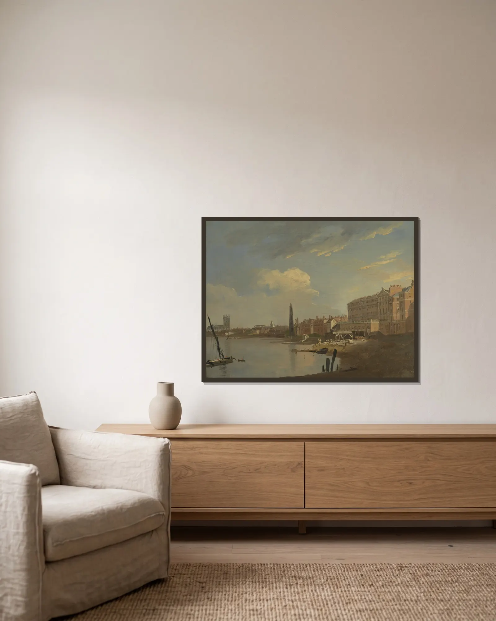 The Thames and the Adelphi av William Hodges inramad på en vägg