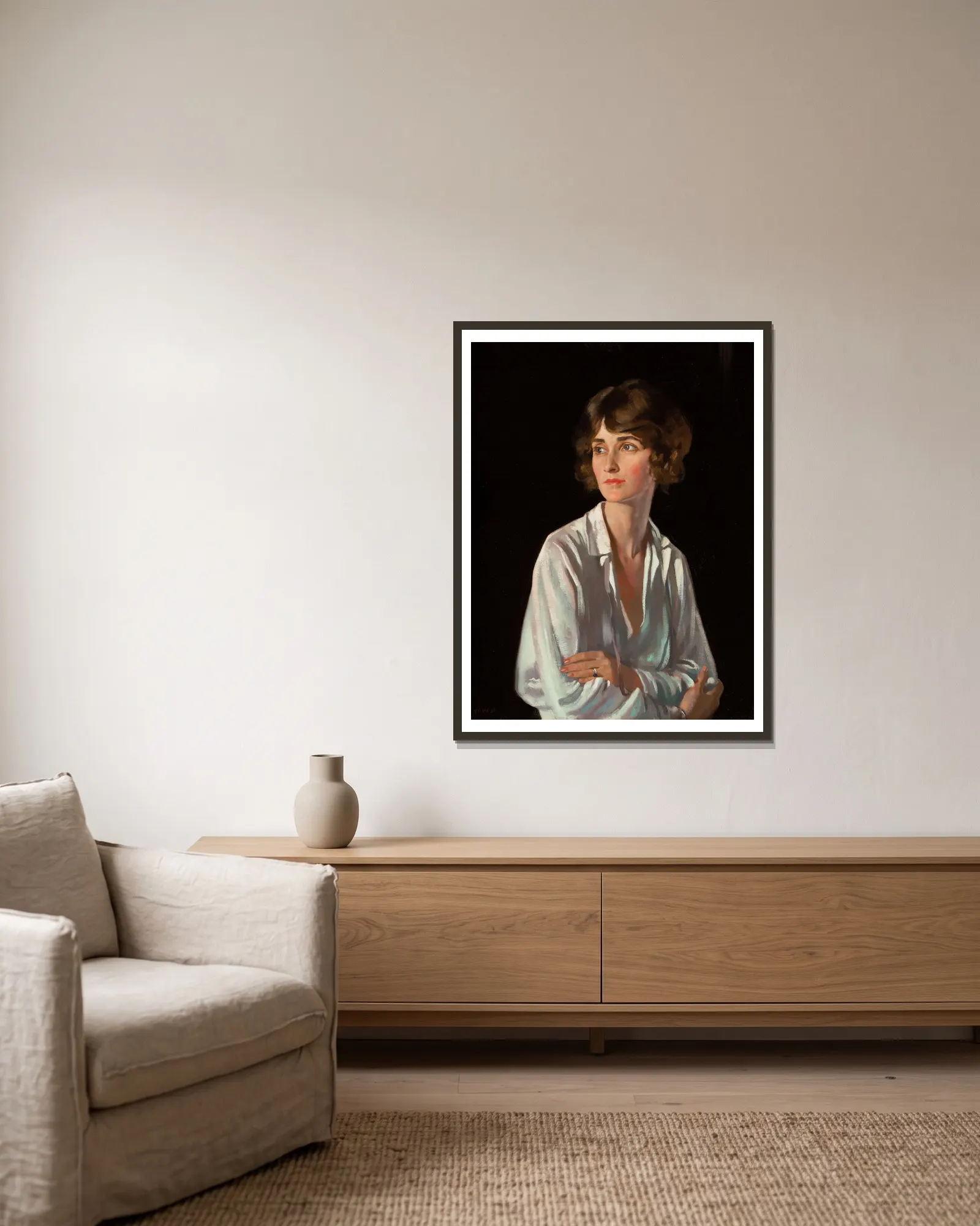 Lady Marriott av William Orpen inramad på en vägg