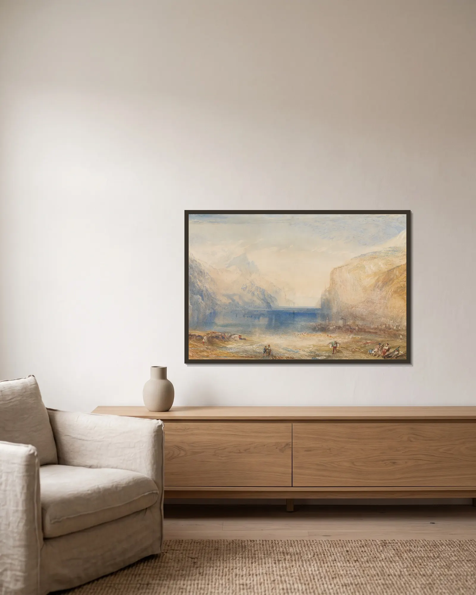Fluelen- Morning (looking towards the lake) av Joseph Mallord William Turner inramad på en vägg