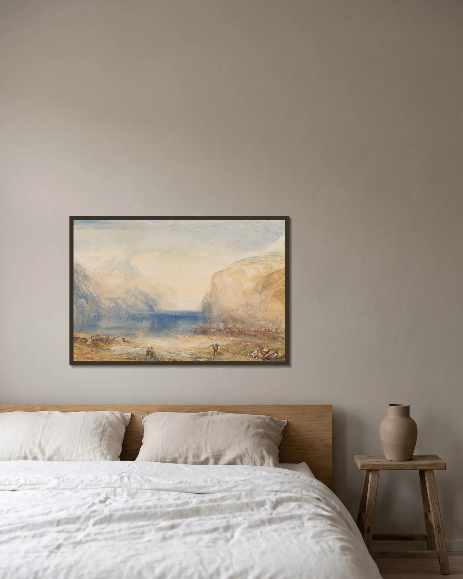Fluelen- Morning (looking towards the lake) av Joseph Mallord William Turner inramad på en vägg