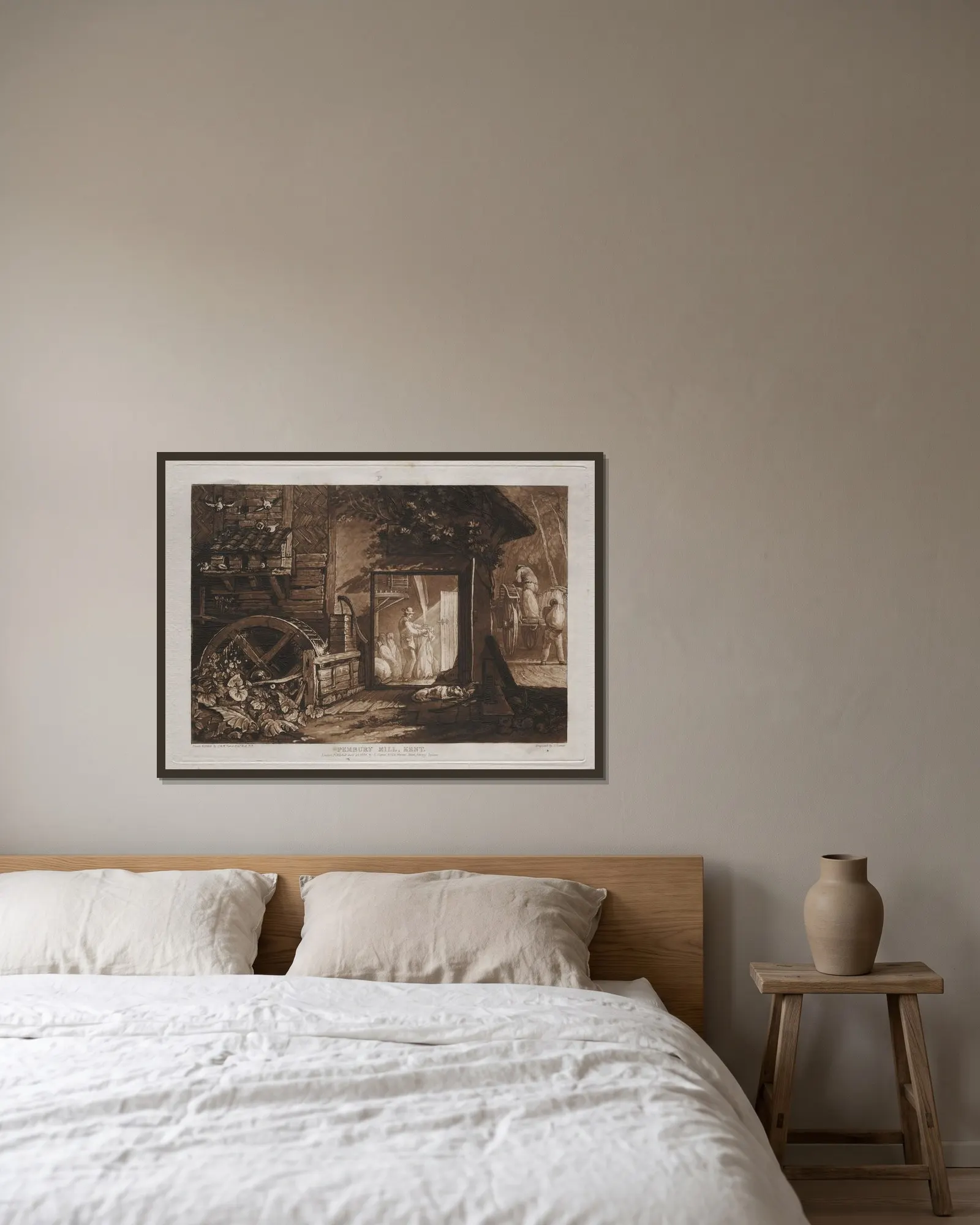 Pembury Mill, Kent av Joseph Mallord William Turner inramad på en vägg
