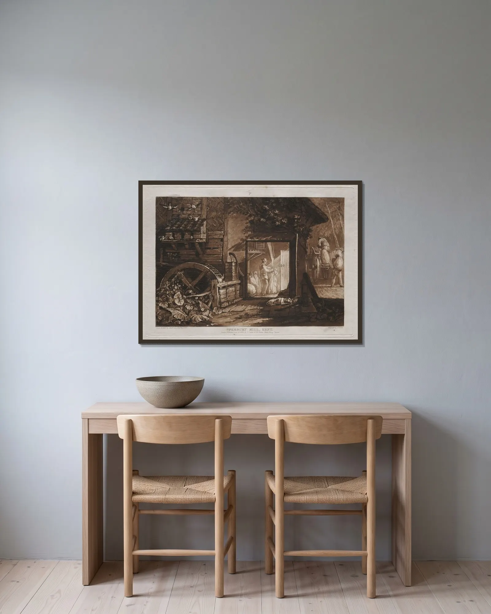 Pembury Mill, Kent av Joseph Mallord William Turner inramad på en vägg