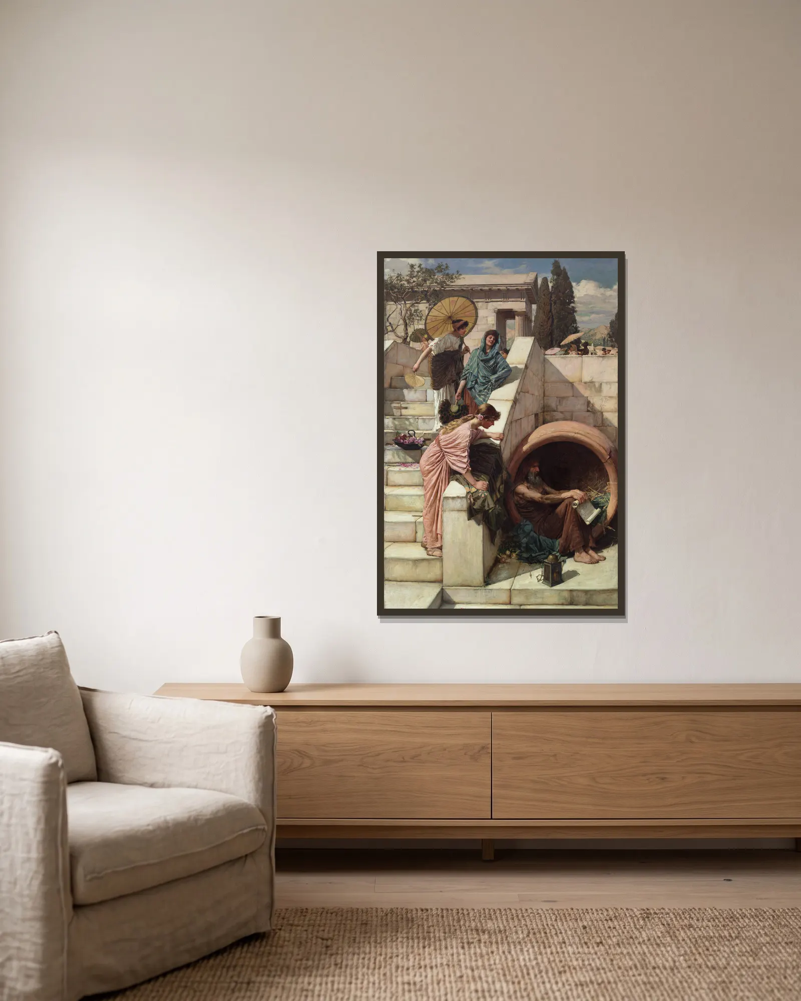 Diogenes av John William Waterhouse inramad på en vägg