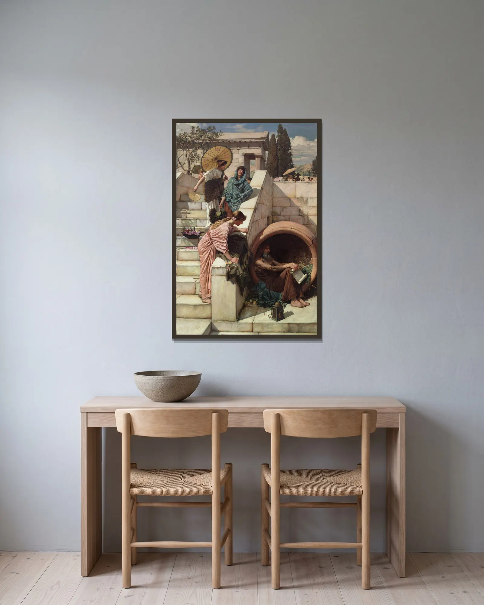 Diogenes av John William Waterhouse inramad på en vägg