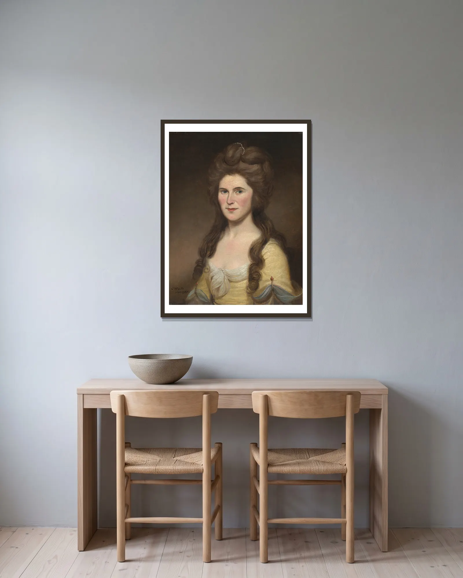 Rebecca Bryan White (Mrs. John White) av Charles Willson Peale inramad på en vägg